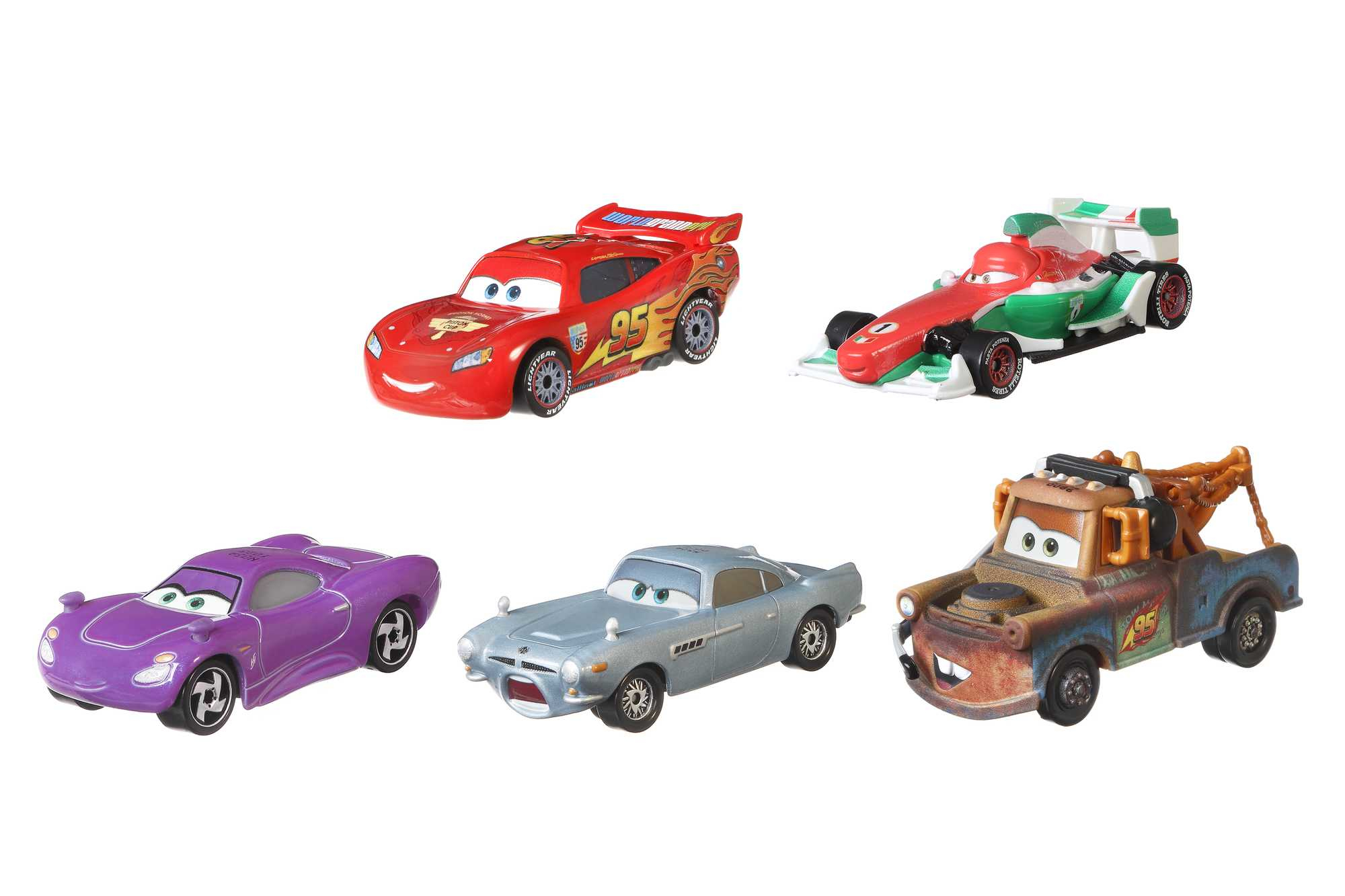 Fünf Spielzeugautos aus der Cars-Filmreihe, auf weißem Hintergrund.