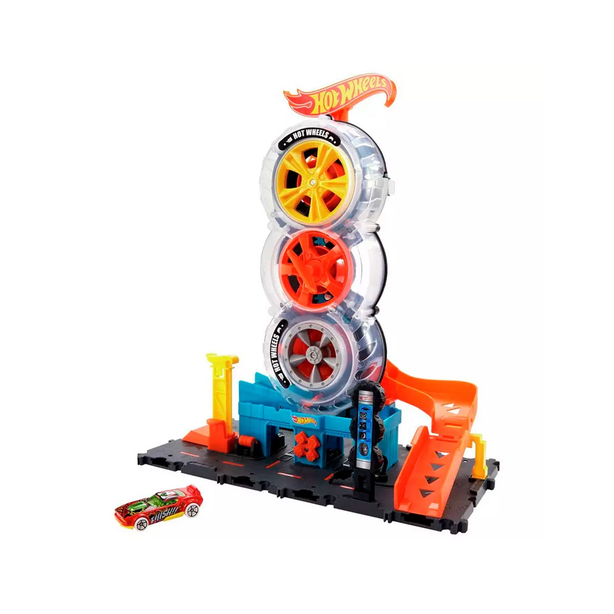 Zestaw torów Hot Wheels z pomarańczowymi rampami, samochodem i trzema zabawkami kołami.