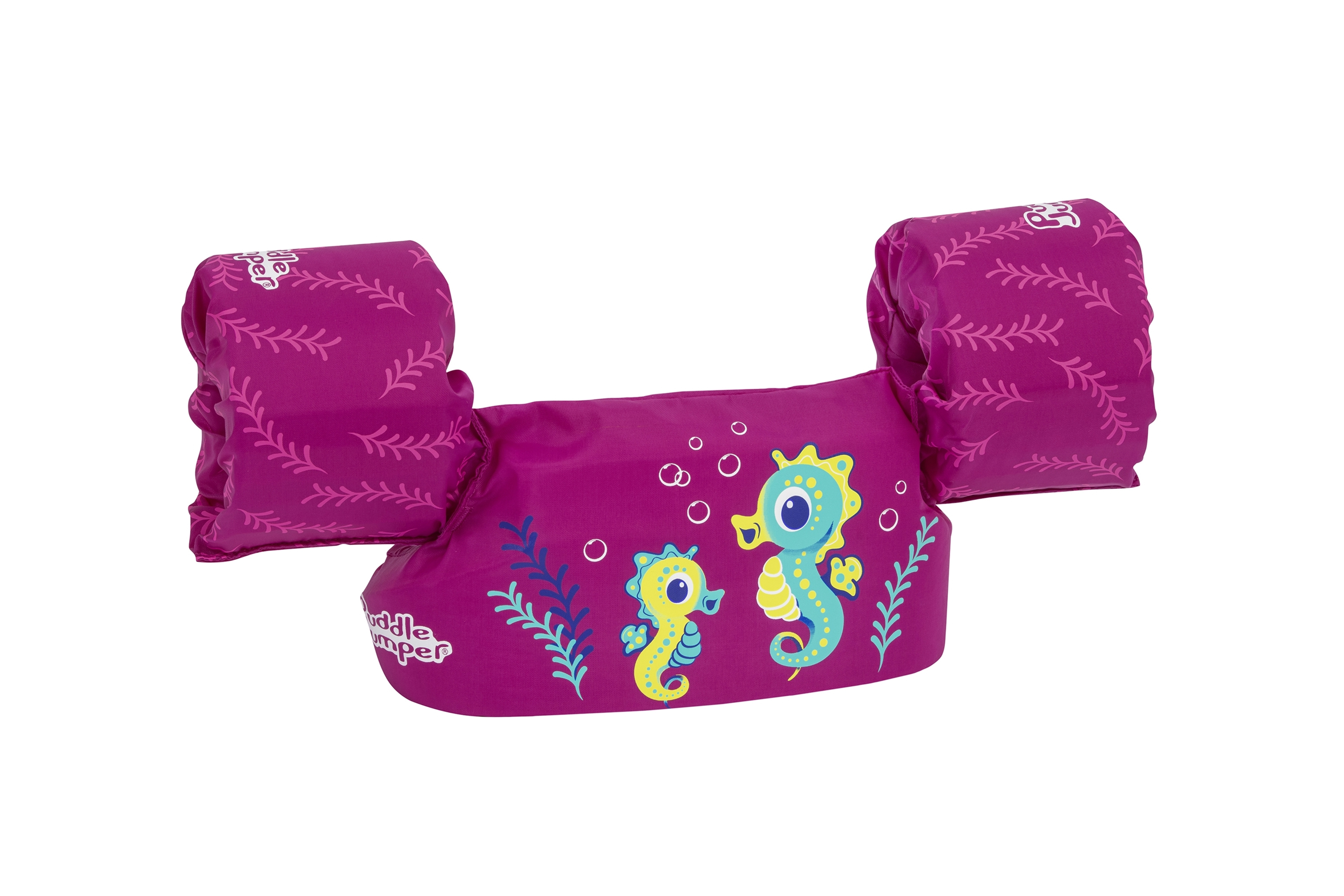 Gilet salvagente gonfiabile rosa e viola con grafica di cavallucci marini per bambini piccoli, su sfondo bianco.