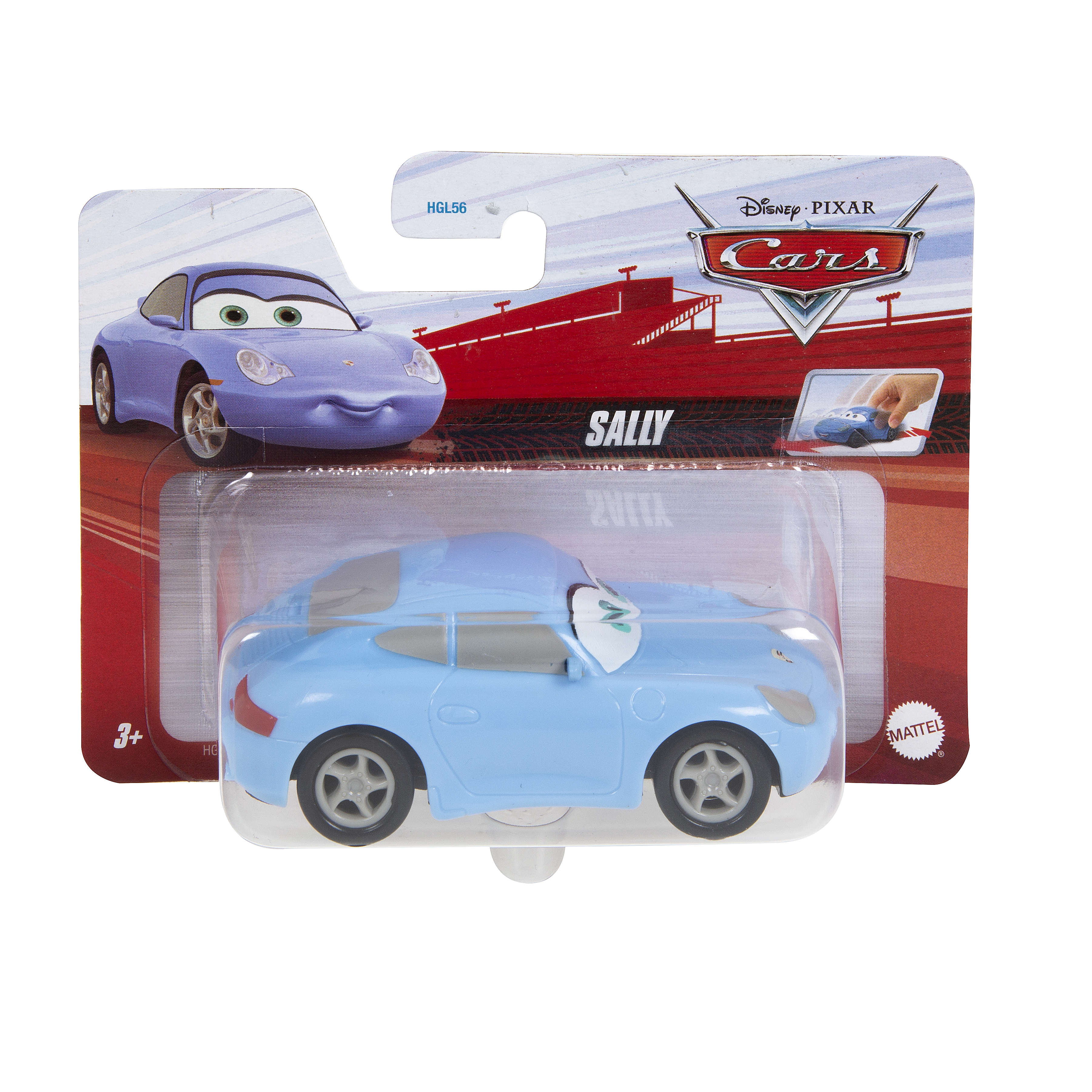 Cars-Spielzeugauto von Sally. Das Auto ist hellblau, in einer transparenten Plastikverpackung.