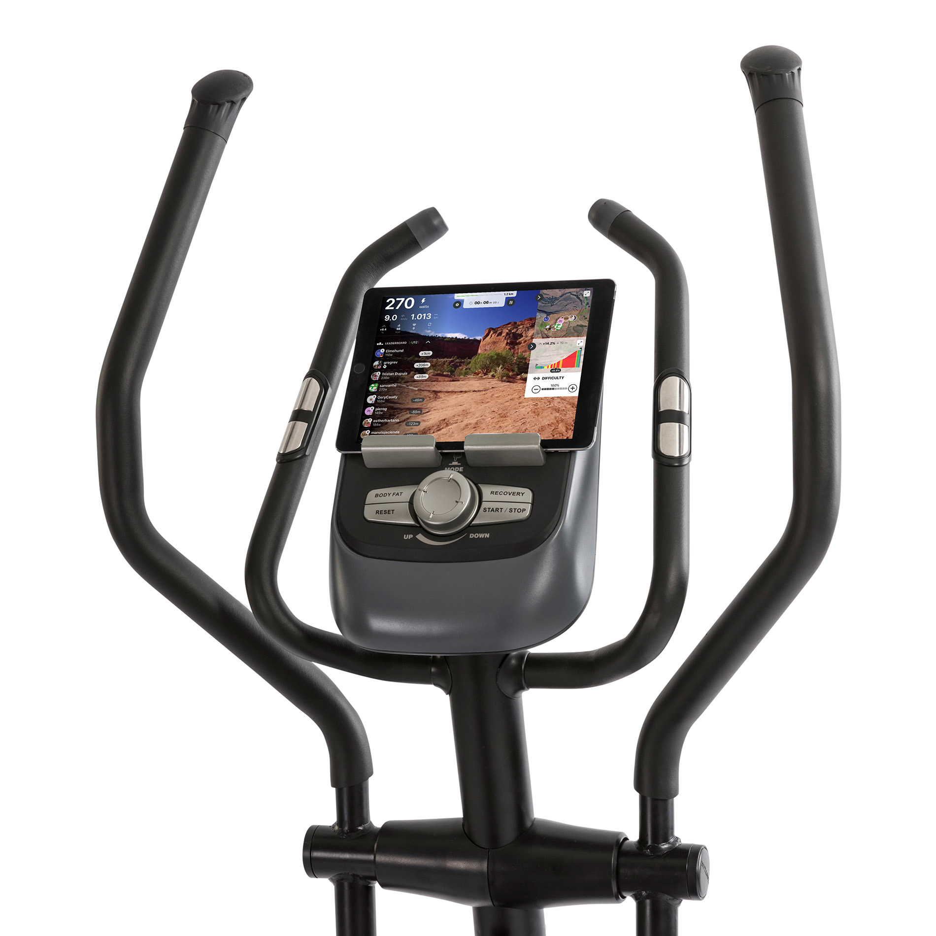 Elliptische machine met een tablet met een landschap, tegen een witte achtergrond.
