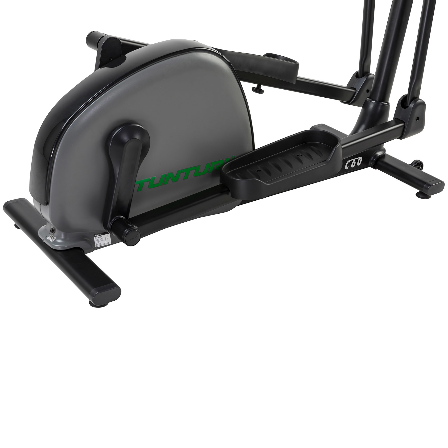 Elliptische trainer. Grijs en zwart met groen Tunturi-logo. De pedalen zijn zwart.