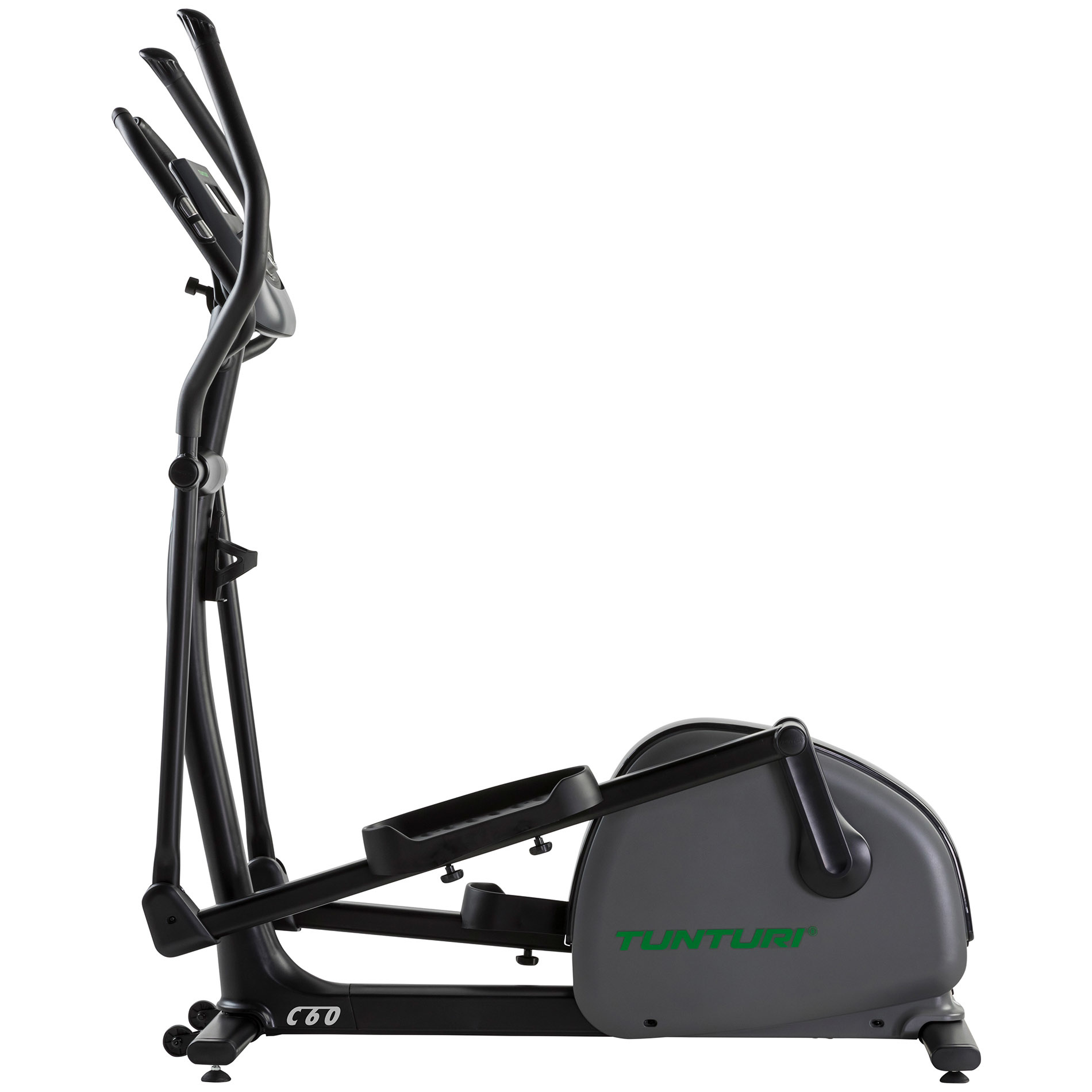 Zwarte elliptische trainer met grijze details, van de zijkant gezien.