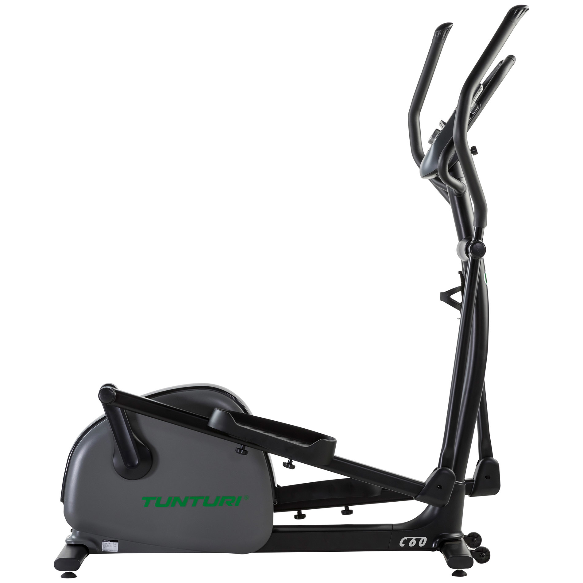 Elliptische trainer, grijs en zwart, met Tunturi logo en handvatten. Witte achtergrond.