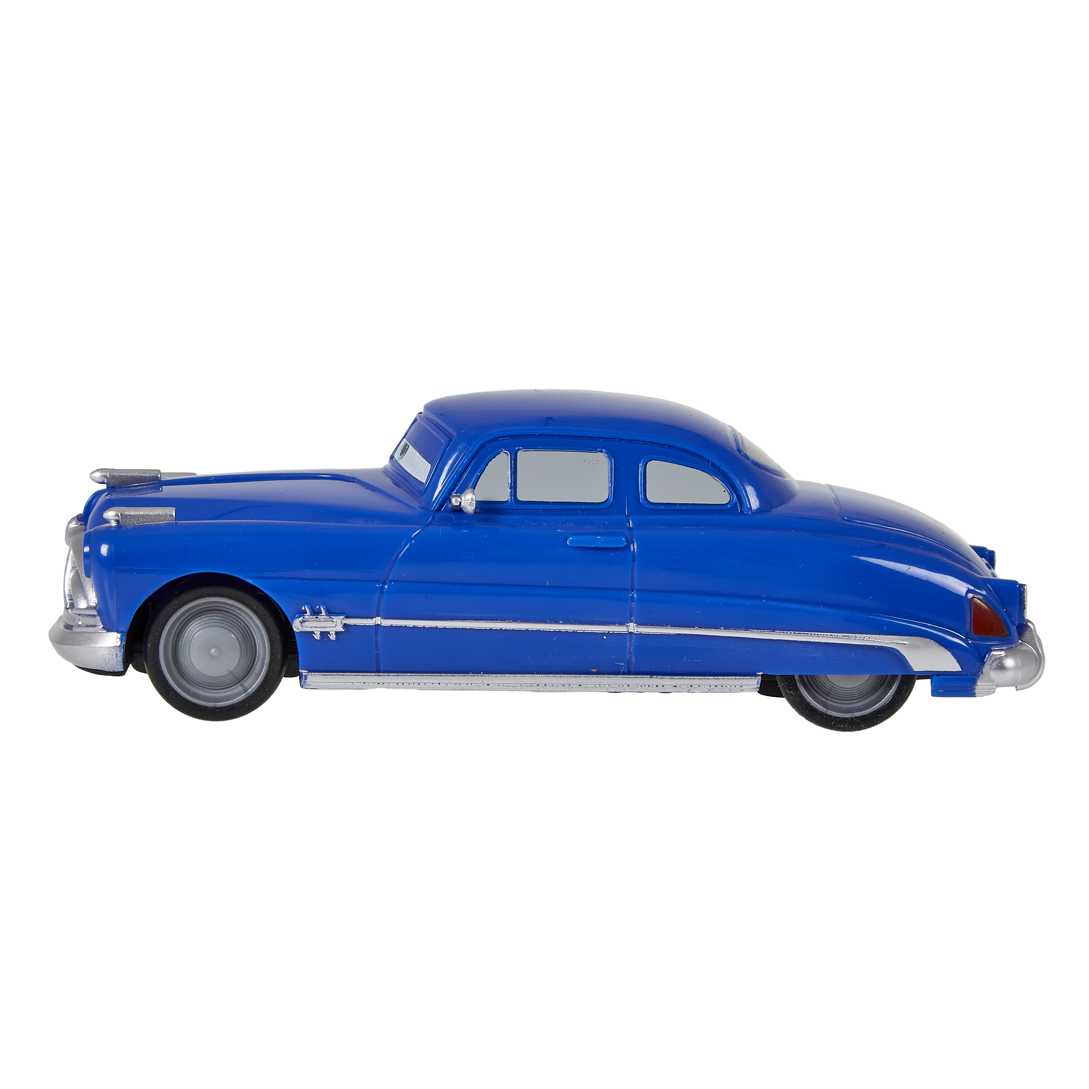 Blaues Oldtimer-Auto mit Chromakzenten. Das Auto steht vor weißem Hintergrund.