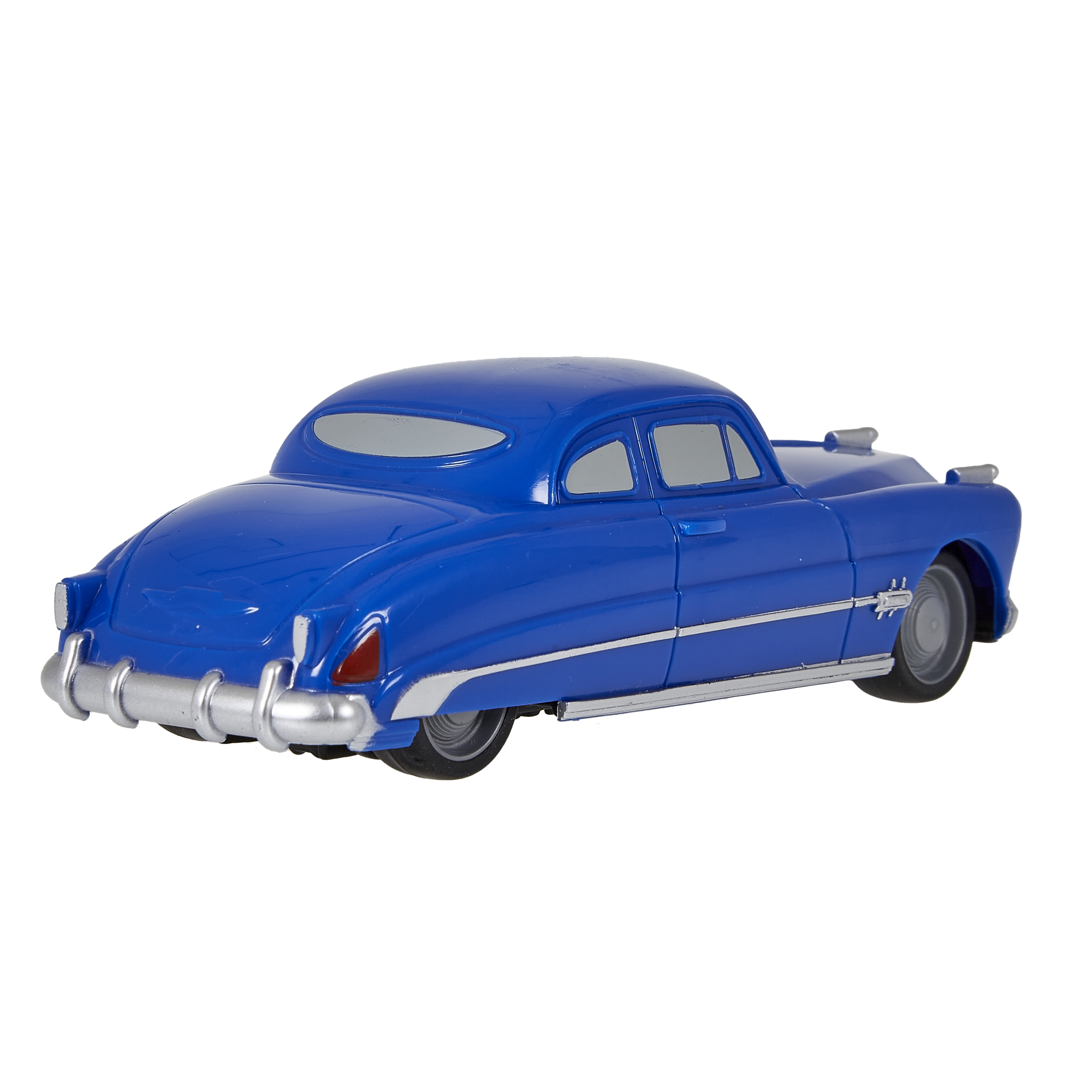 Blaues Spielzeugauto mit silbernen Details. Das Auto ist im klassischen Stil.