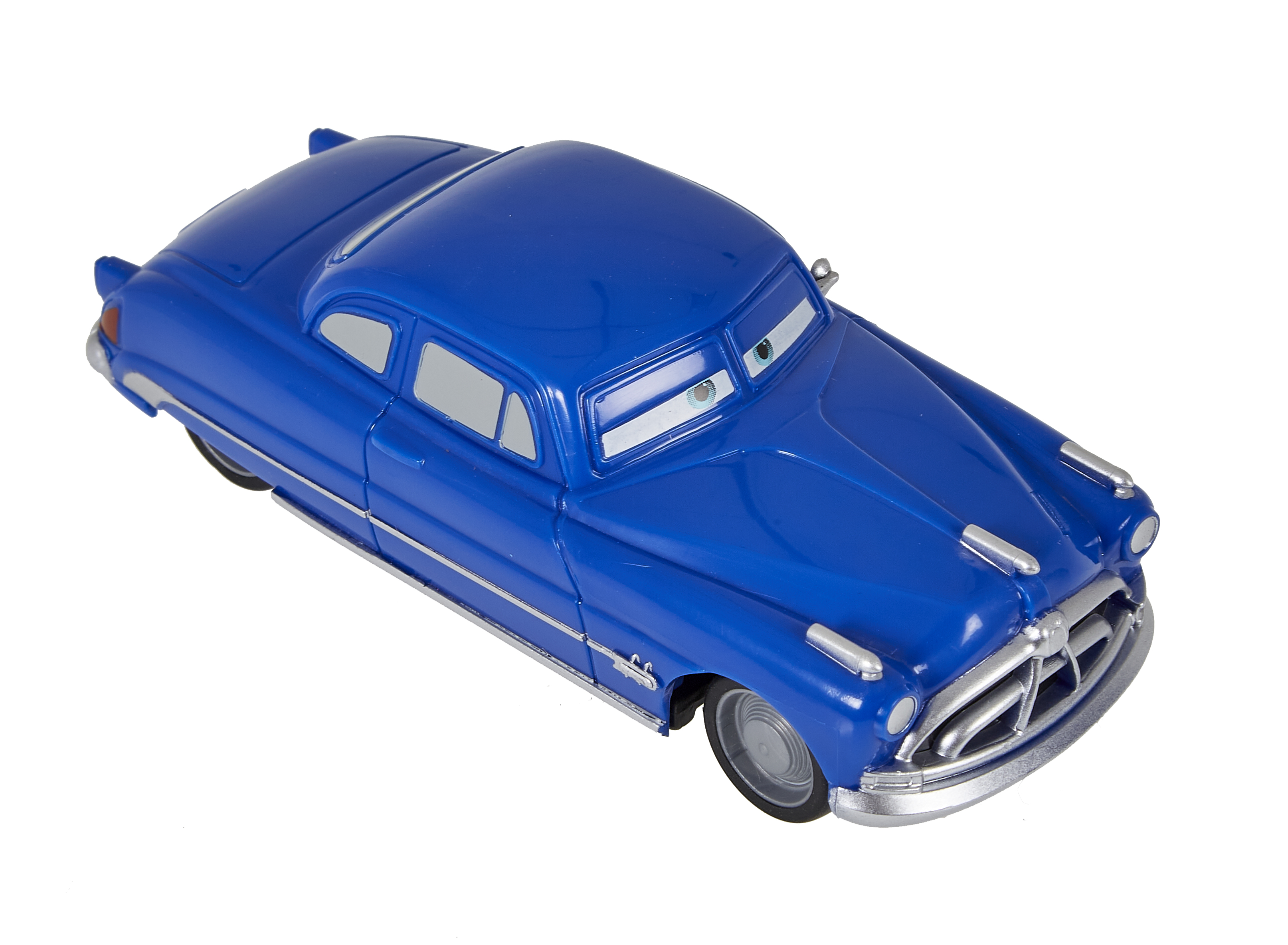 Blaues Spielzeugauto mit Augen und silbernen Details. Es hat eine klassische Form.