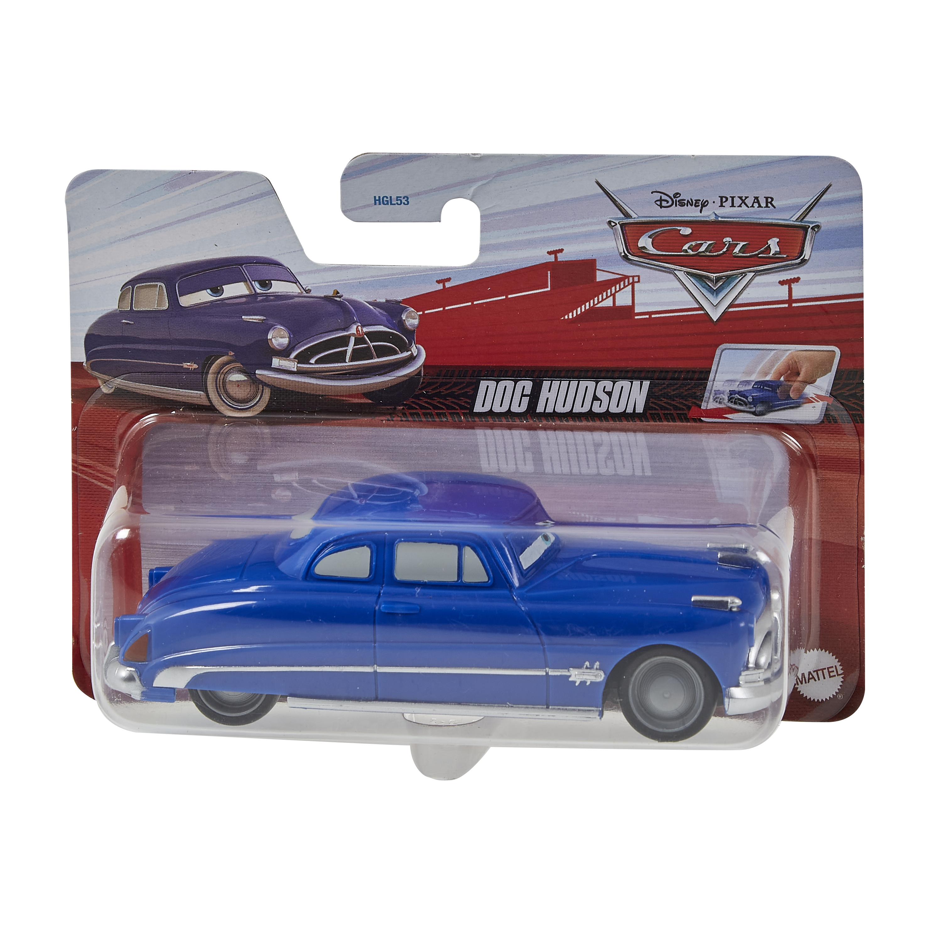 Blaues Spielzeugauto in einer Verpackung. Es ist ein Disney Pixar Cars Spielzeug von Doc Hudson.