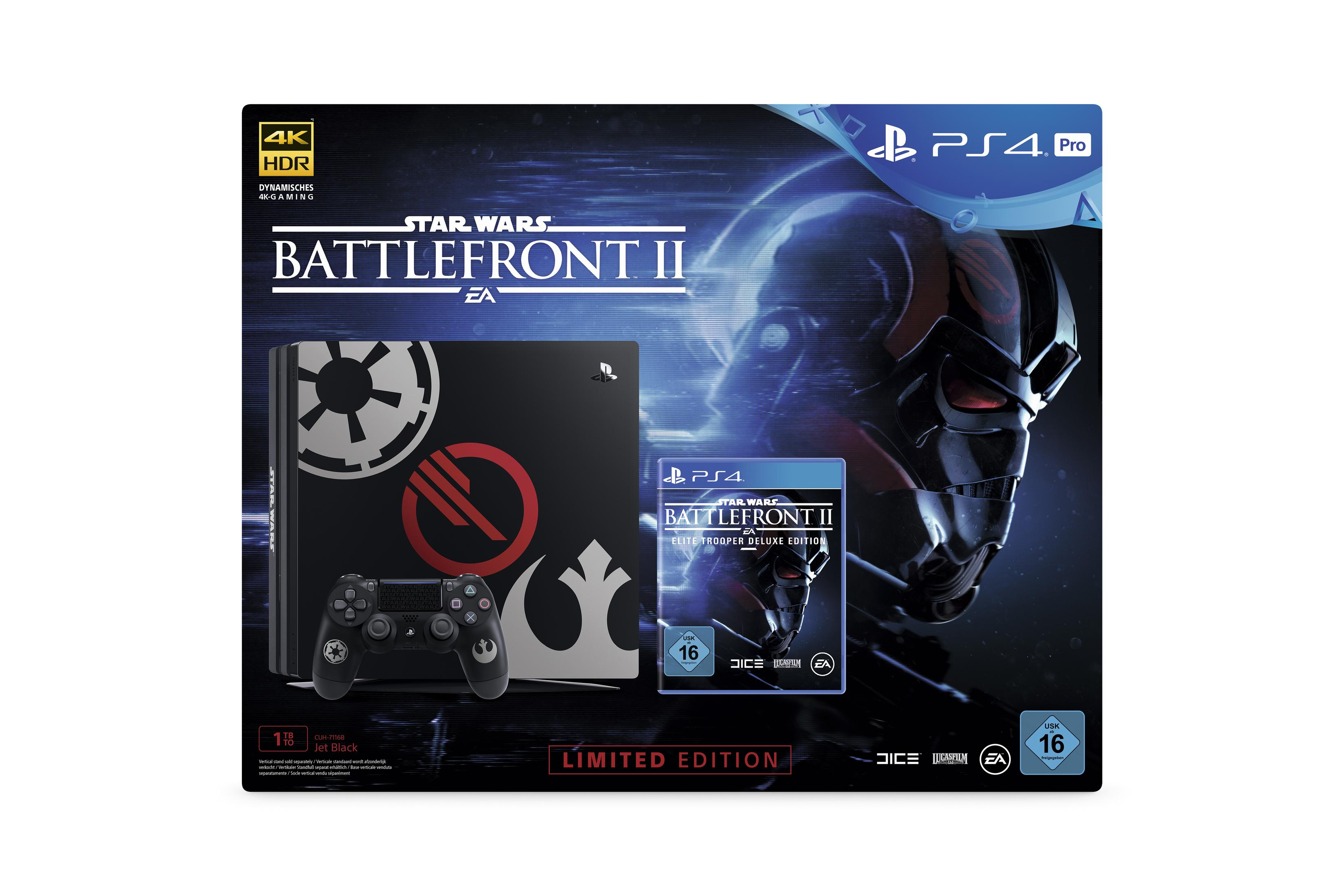 PS4 Pro Star Wars Battlefront II Spielbox mit Konsole, Controller und Spiel-Disc.