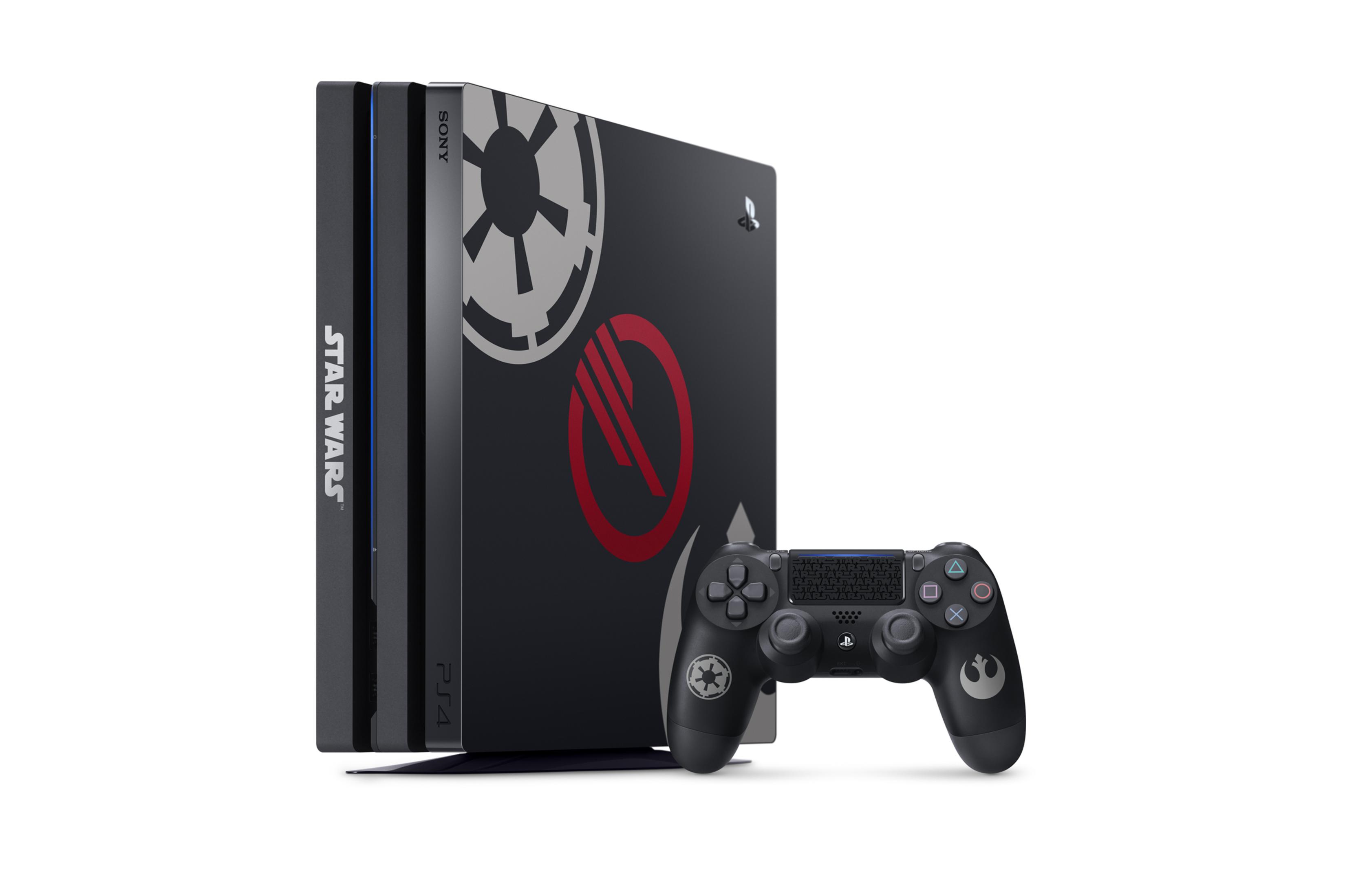 Schwarze PS4-Konsole mit Star-Wars-Design und Controller. Die Konsole ist vertikal.