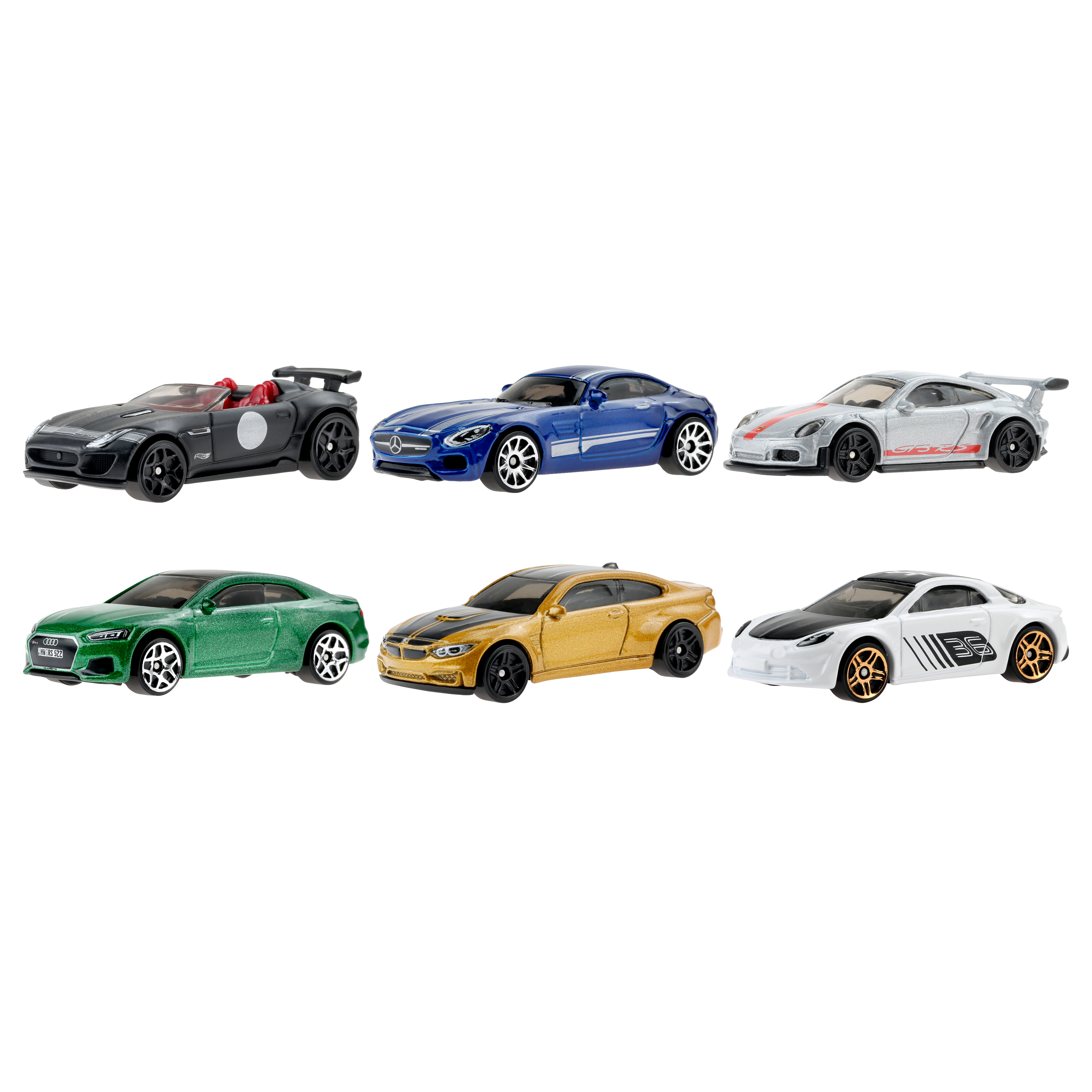 Sechs Spielzeugautos in verschiedenen Farben: schwarz, blau, gold, grün, grau und weiß.