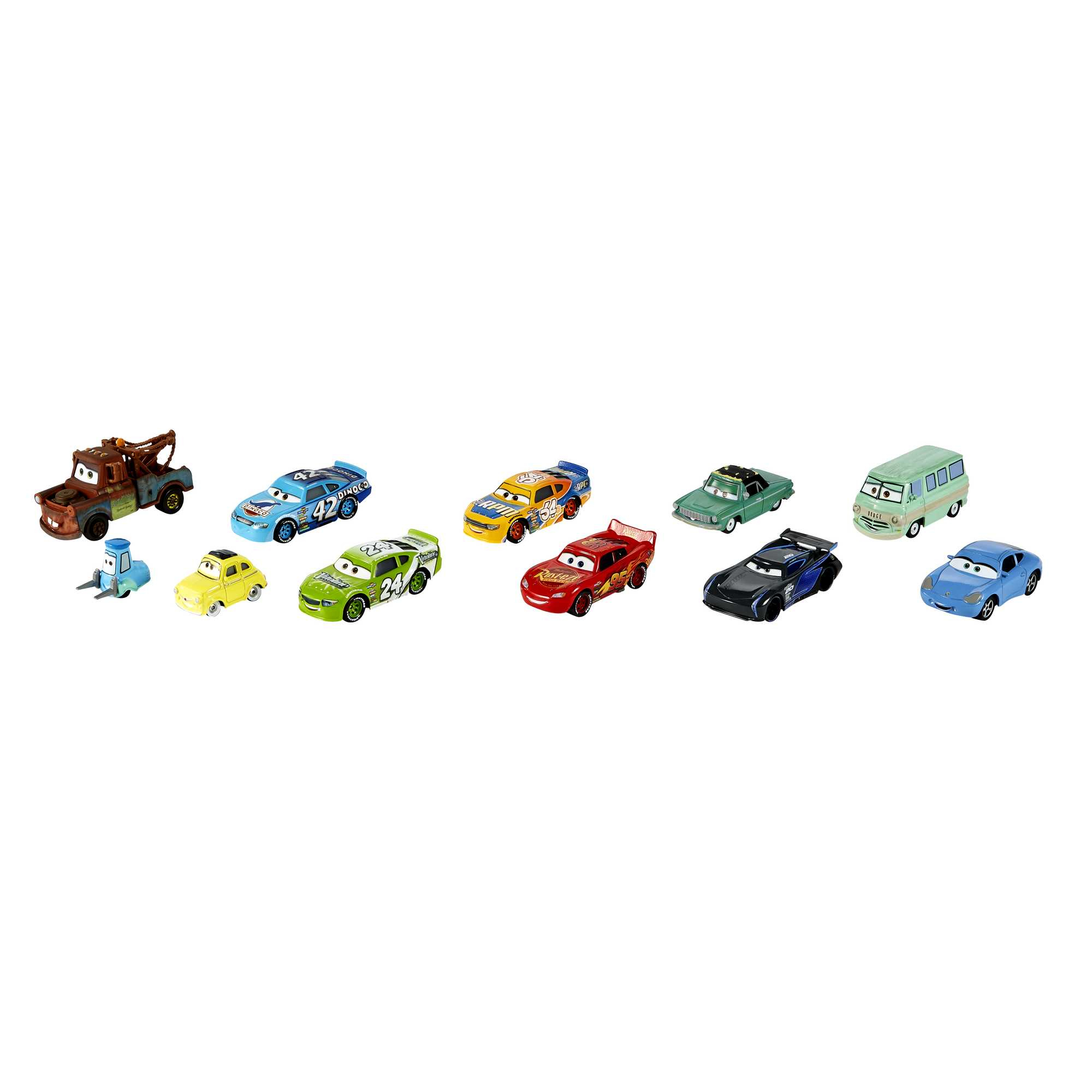 Sortiment an Spielzeugautos, darunter verschiedene Farben und Designs, auf weißer Oberfläche.