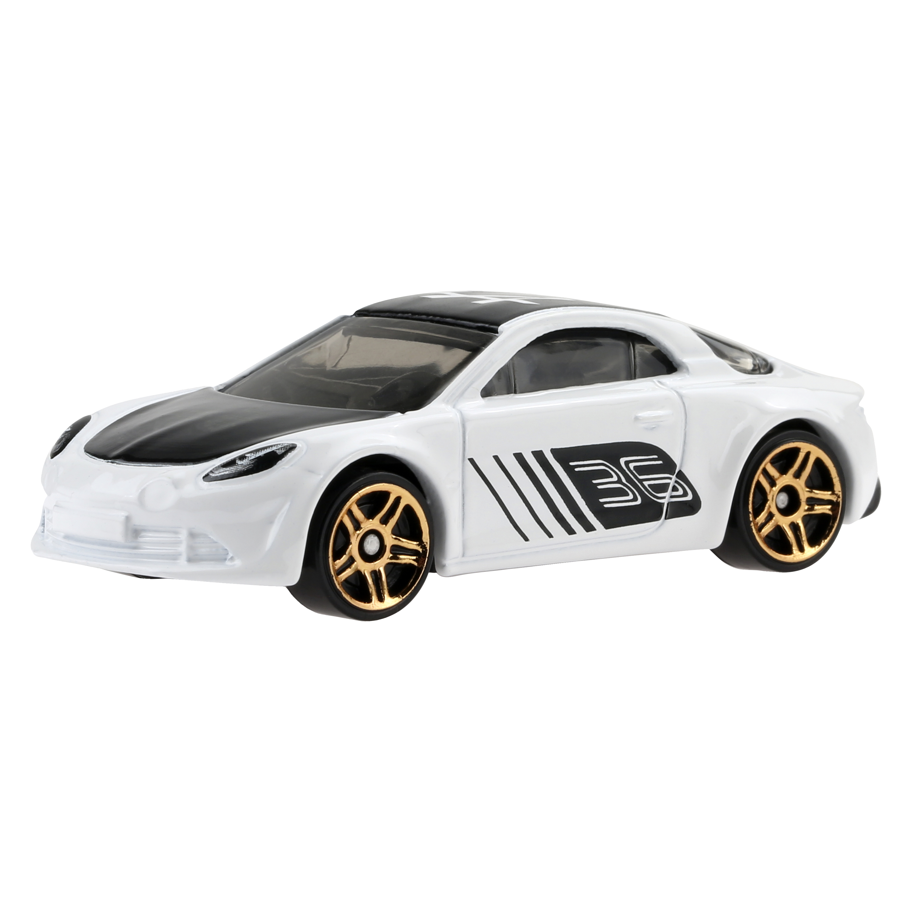 Weißes Spielzeugauto mit goldenen Rädern, schwarzer Motorhaube und schwarzen Streifen an der Seite.