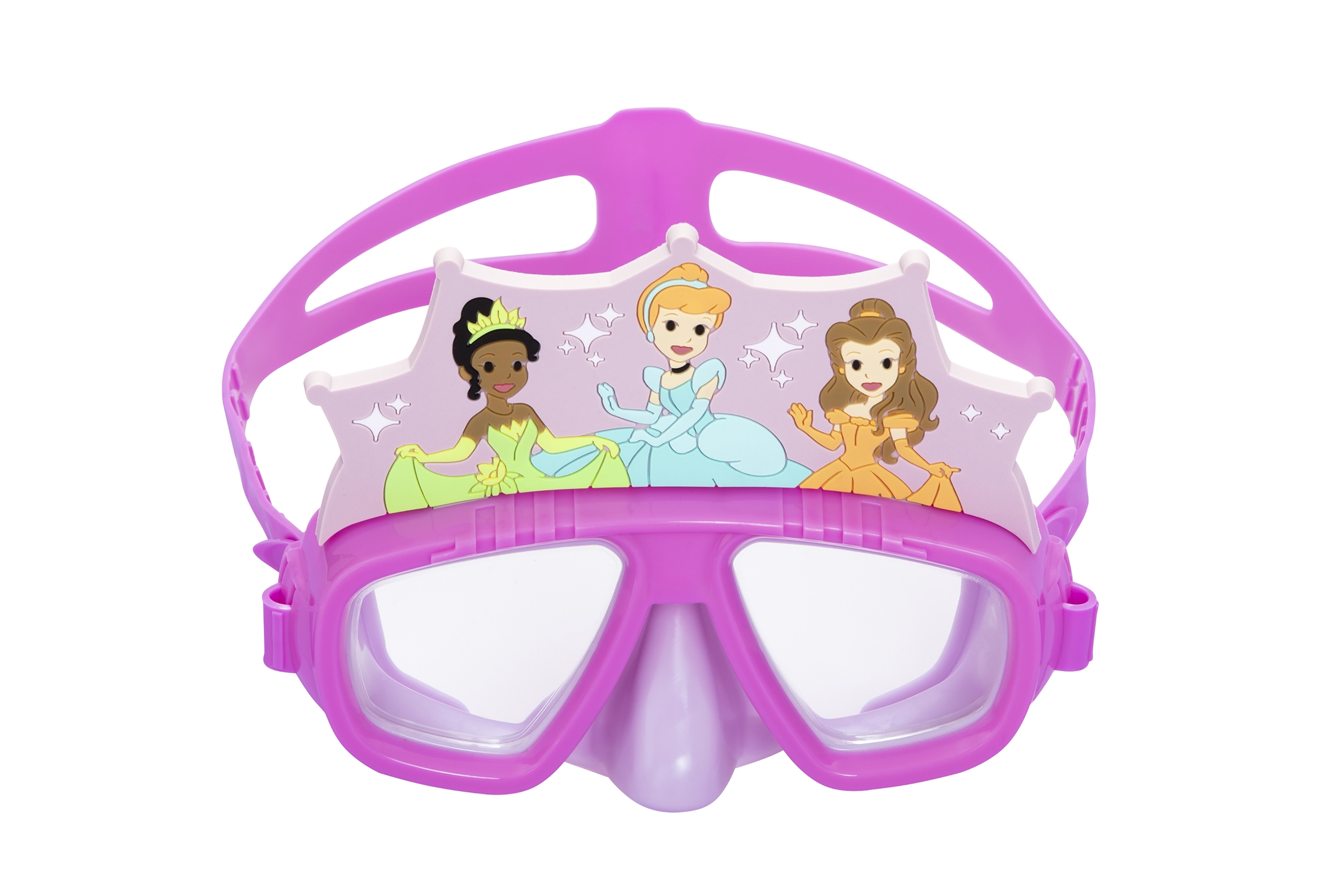Una maschera da nuoto rosa a tema principessa con tre immagini di principesse dei cartoni animati e un cinturino per la testa lilla chiaro.