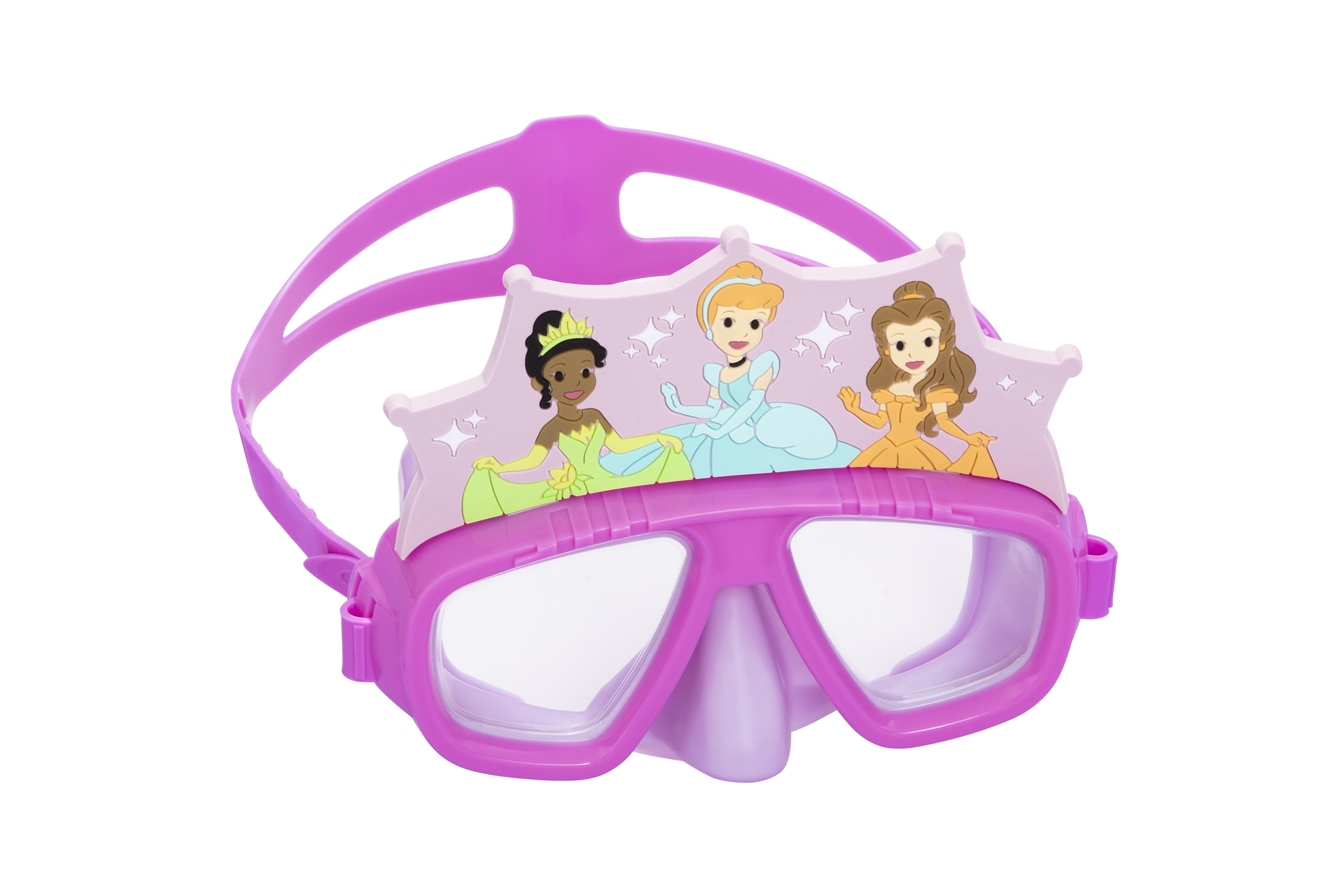 Occhialini da nuoto rosa con design a corona da principessa e tre principesse dei cartoni animati.