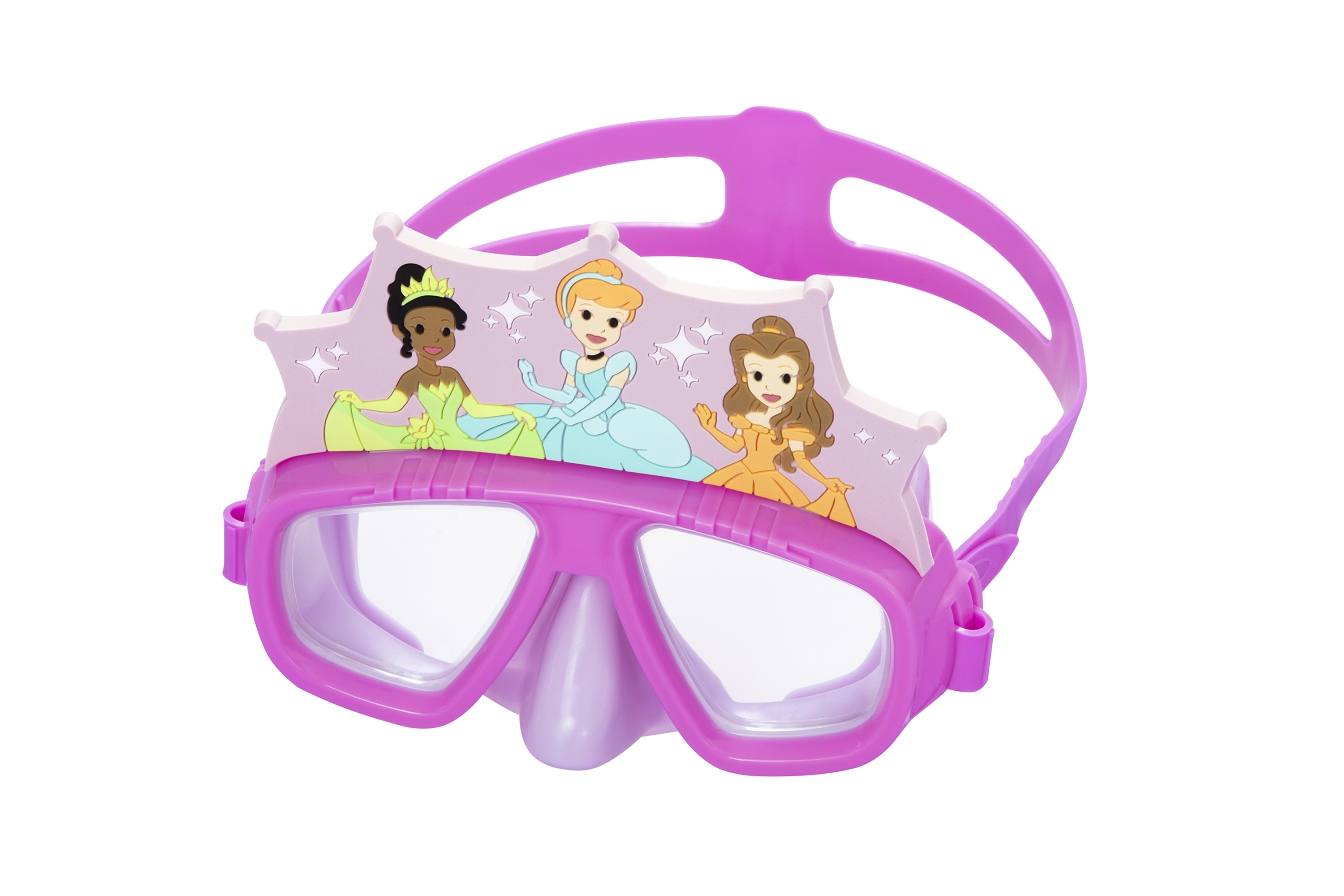 Occhialini da nuoto rosa con design a corona da principessa e tre principesse dei cartoni animati.