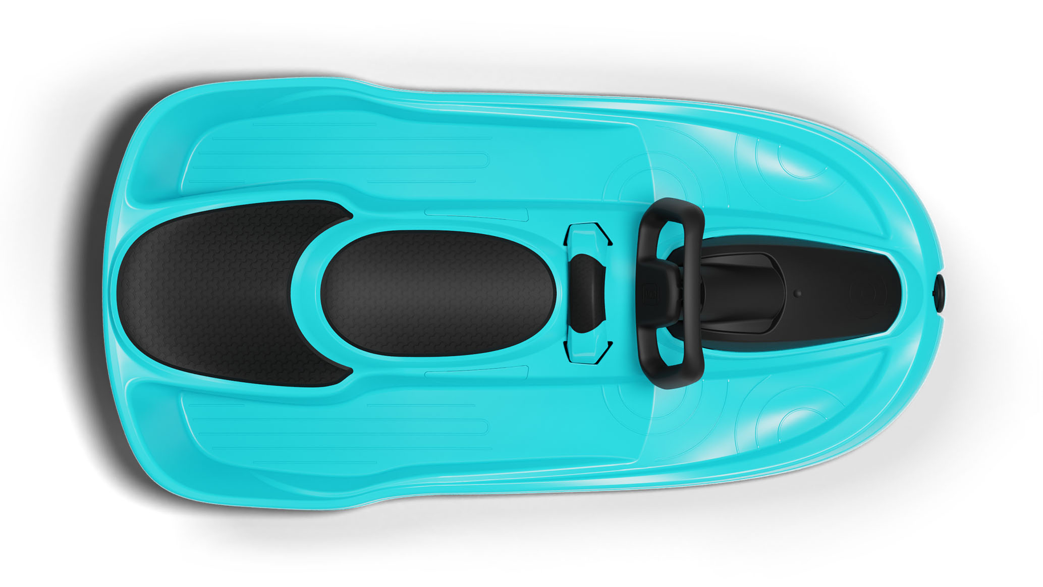 Widok z góry na turkusowe sanki ze czarnym siedziskiem i uchwytem, białe tło.