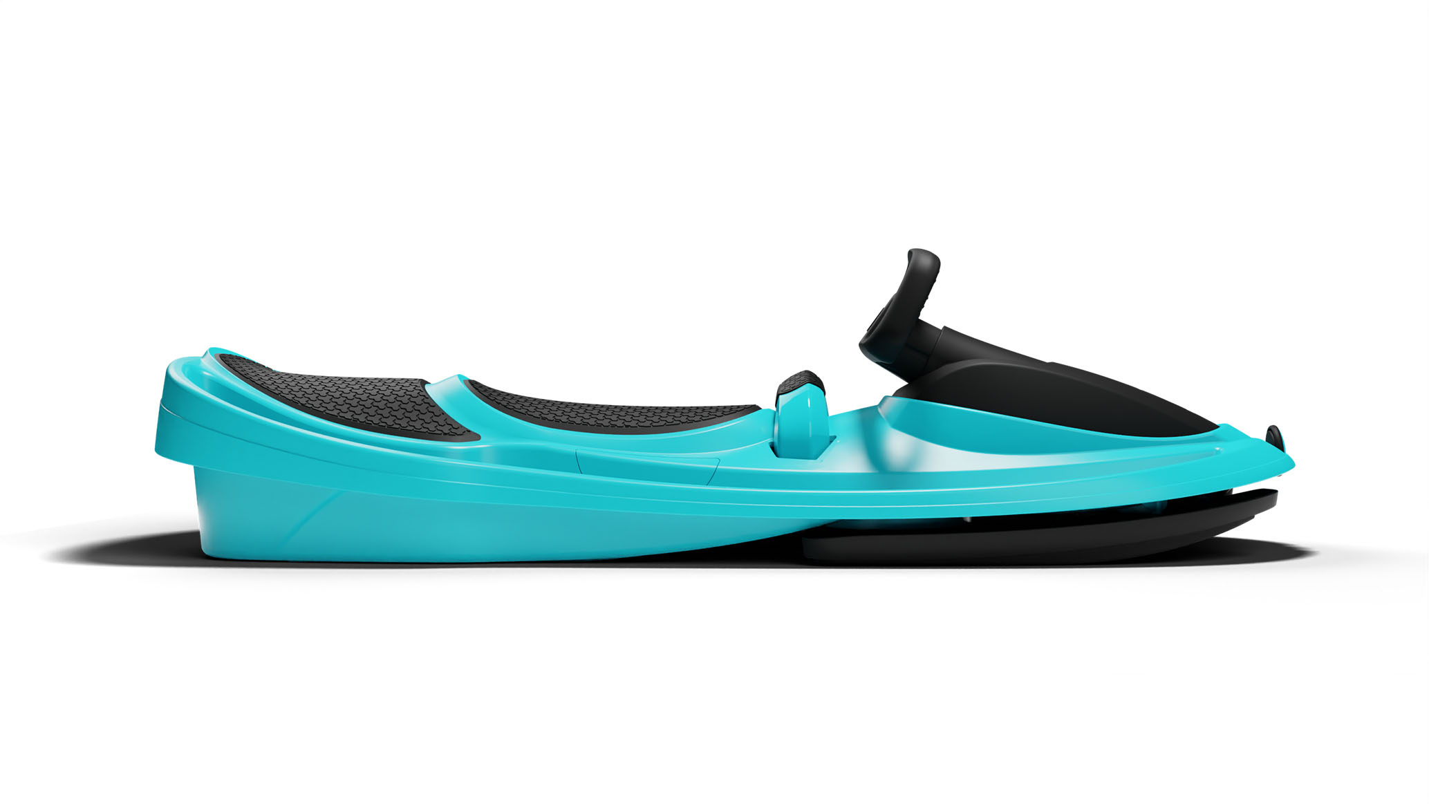 Turkusowe sanki z czarnym siedzeniem, uchwytem i zakrzywionym designem, na białym tle.