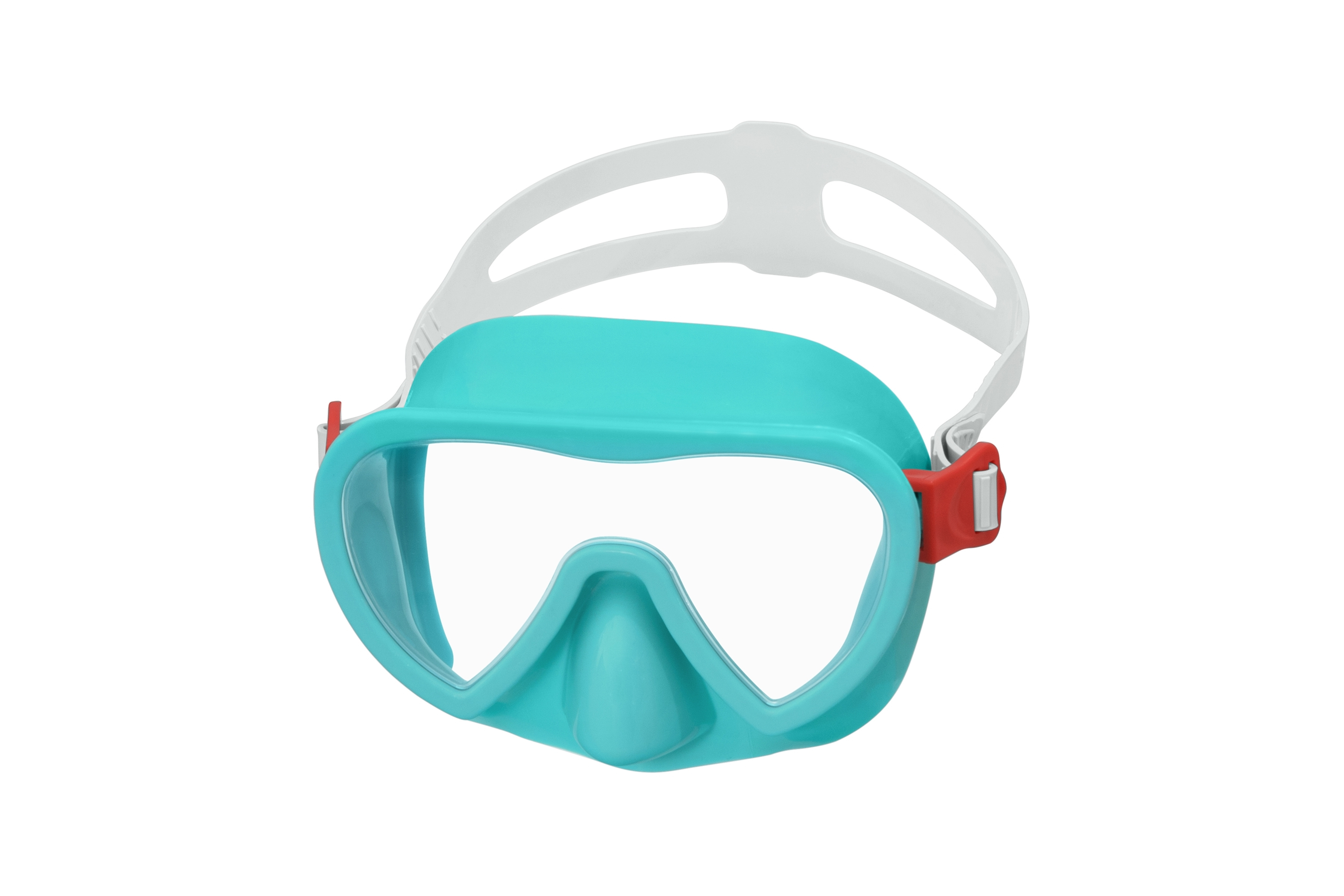 Maschera da nuoto turchese e bianca con clip di regolazione rosse.