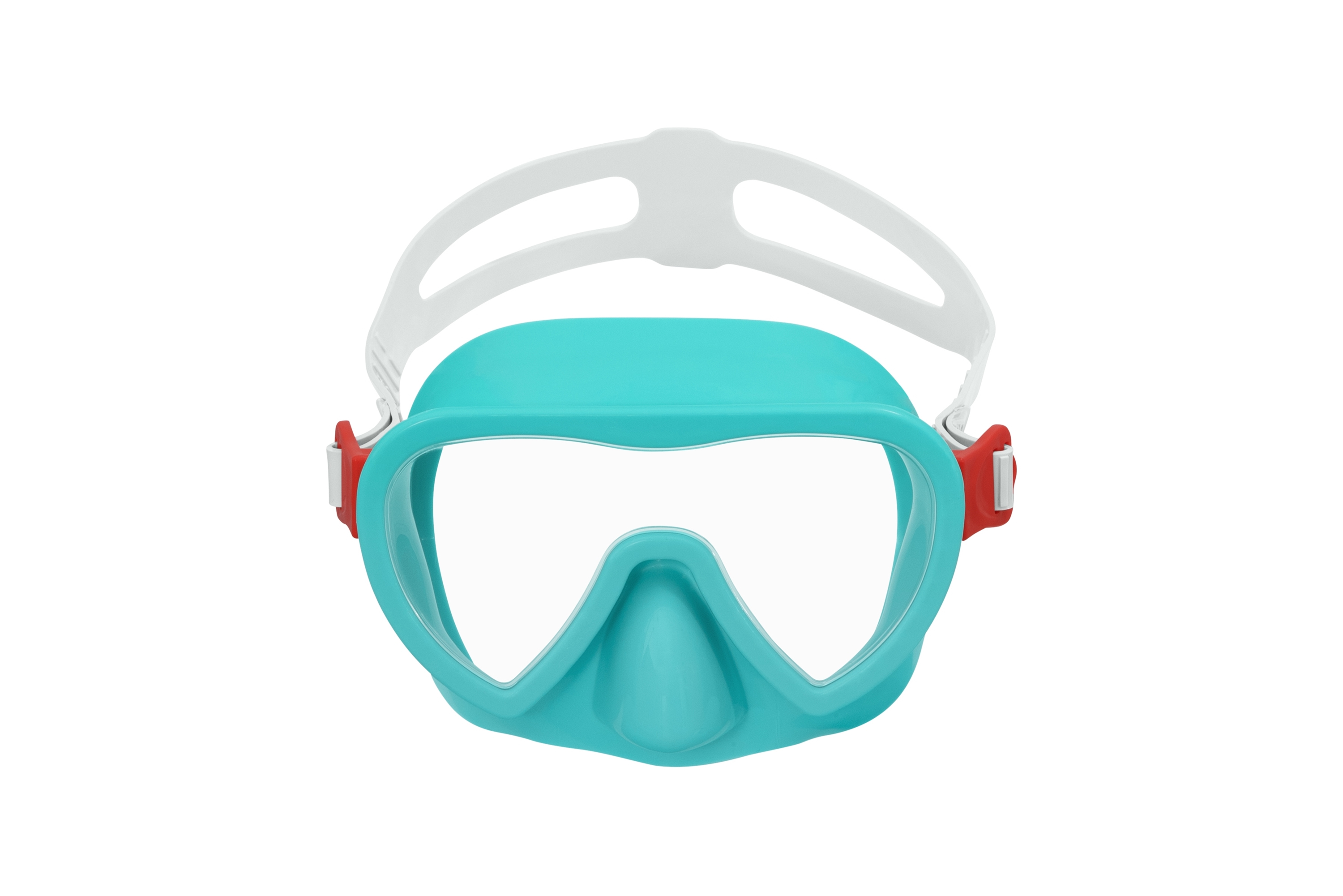 Una maschera subacquea turchese con cinturino bianco e clip rosse. La maschera ha lenti trasparenti.