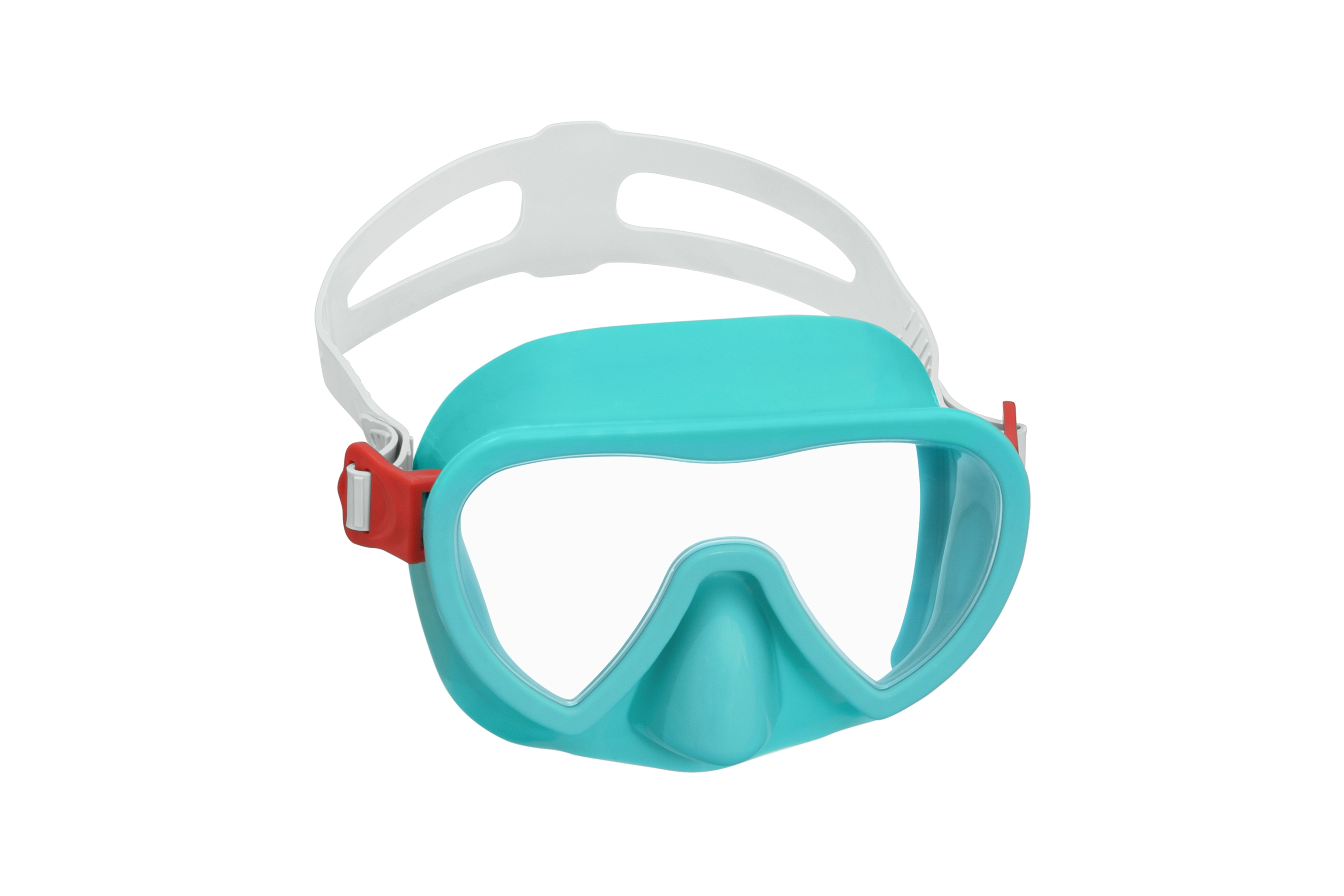 Una maschera subacquea turchese con cinturino bianco e clip rosse. La maschera ha lenti trasparenti.