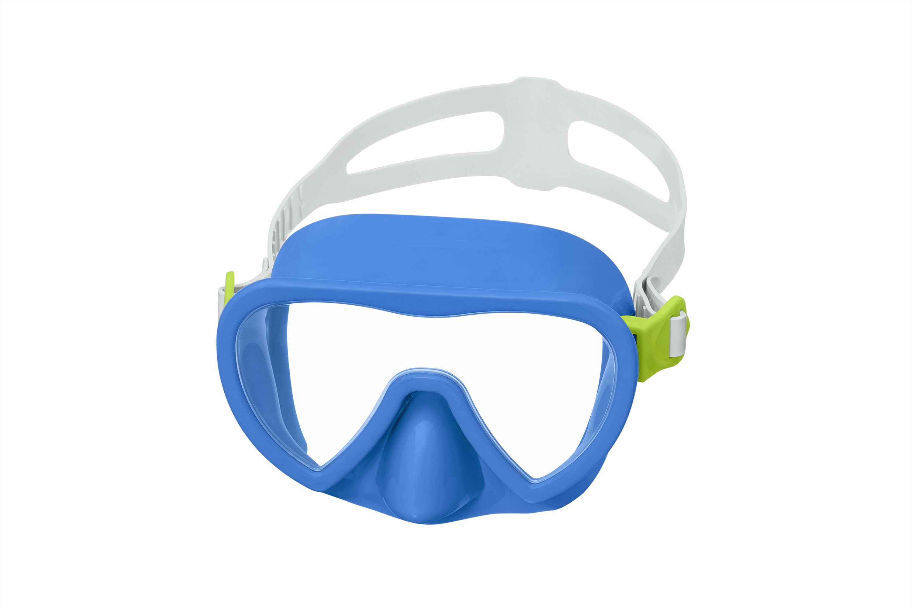 Una maschera subacquea blu con cinturino bianco e clip verdi. La maschera ha lenti trasparenti.