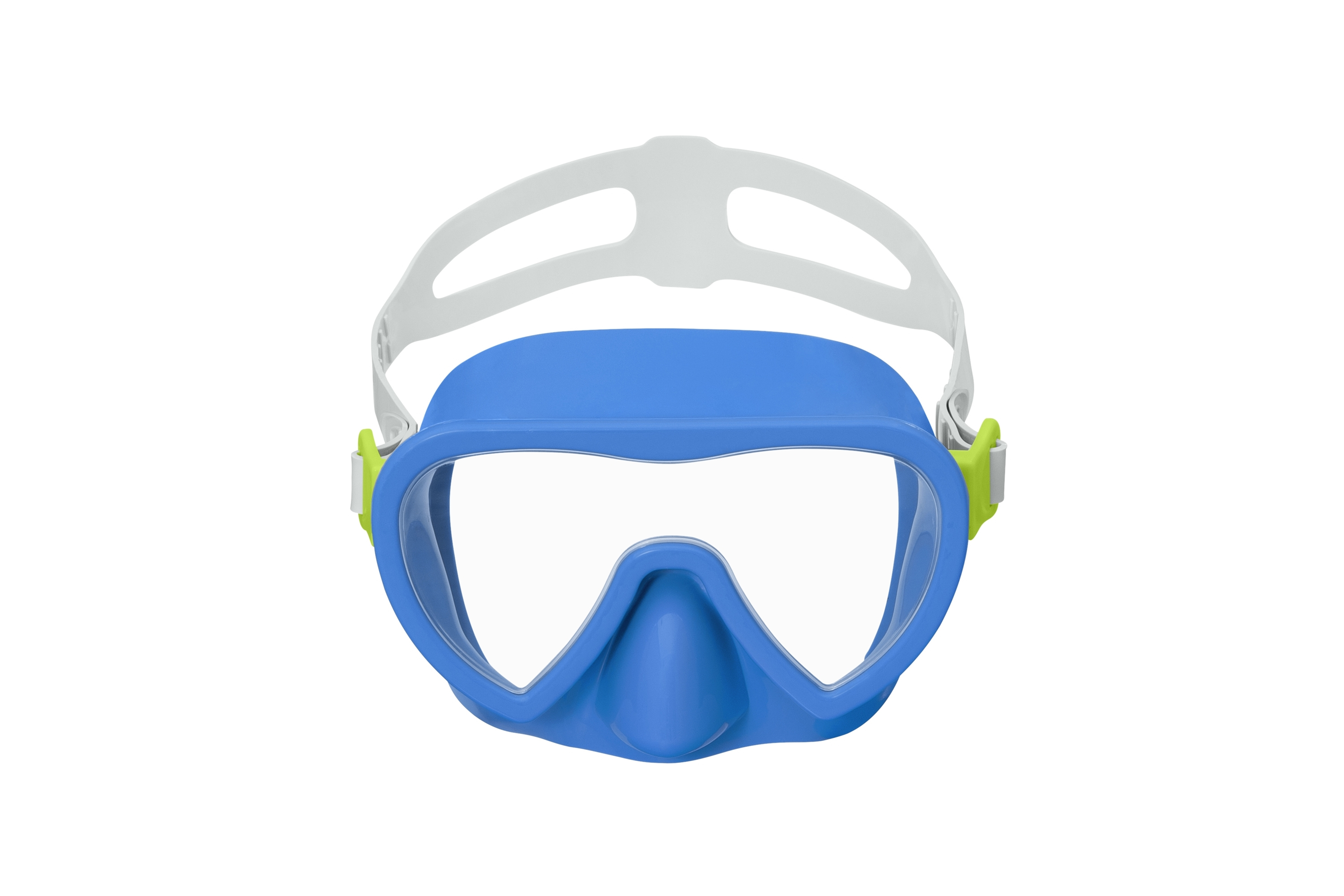 Una maschera subacquea blu e bianca con cinturino bianco e dettagli verdi.