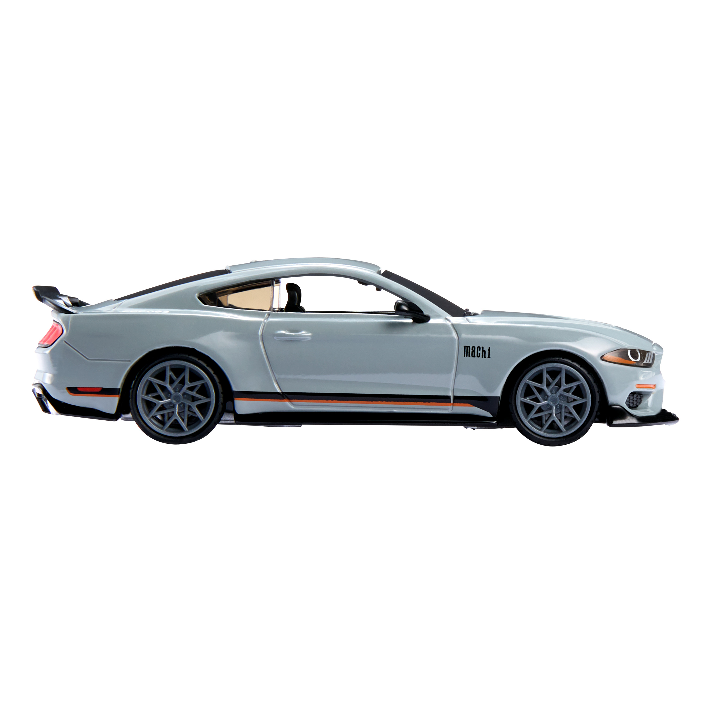 Hellgraues Mustang Mach-1 Modellauto, Seitenansicht, mit schwarzen und orangen Streifen.