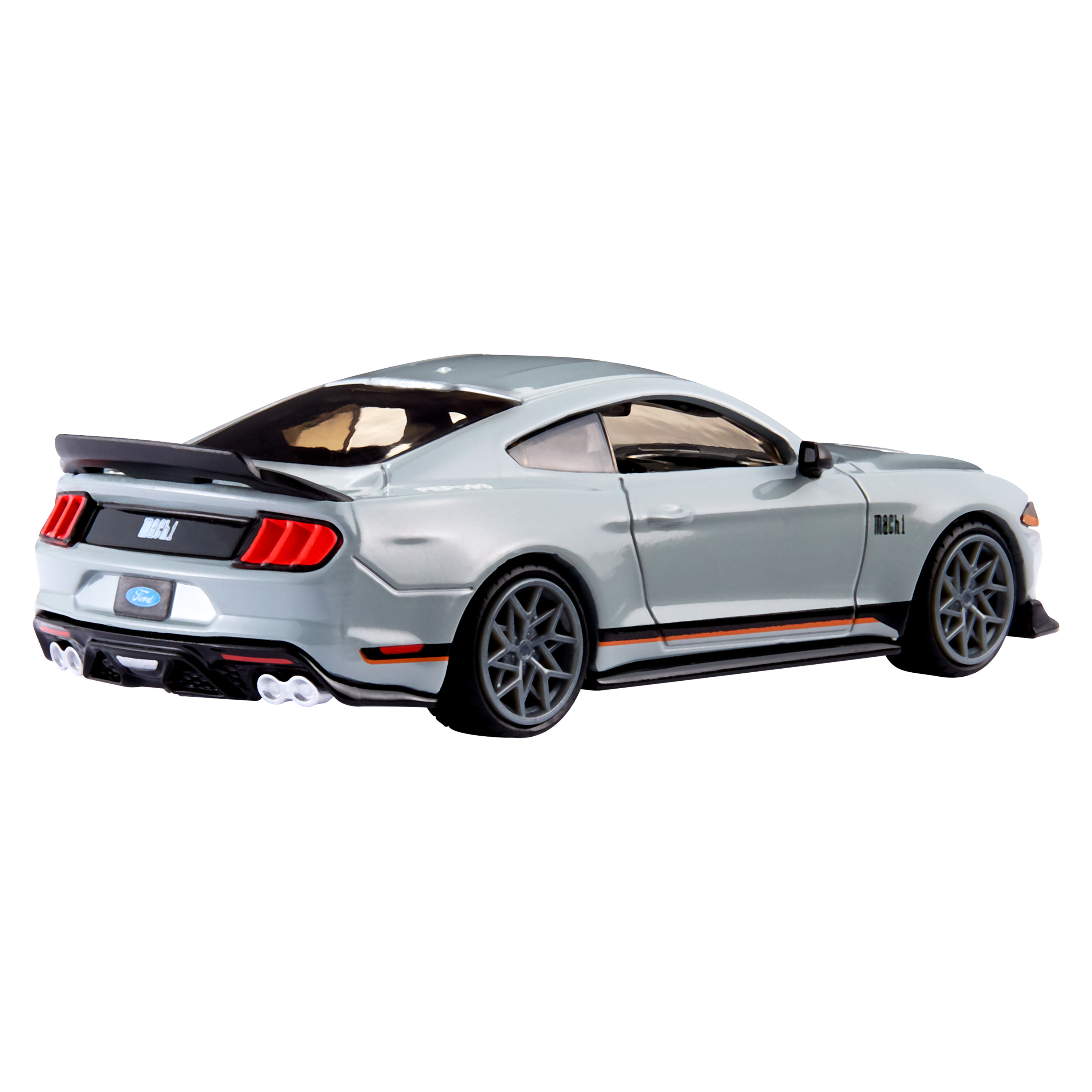 Ein graues Ford Mustang Mach-1 Spielzeugauto. Es wird von hinten mit schwarzem Spoiler und orangen Akzenten betrachtet.