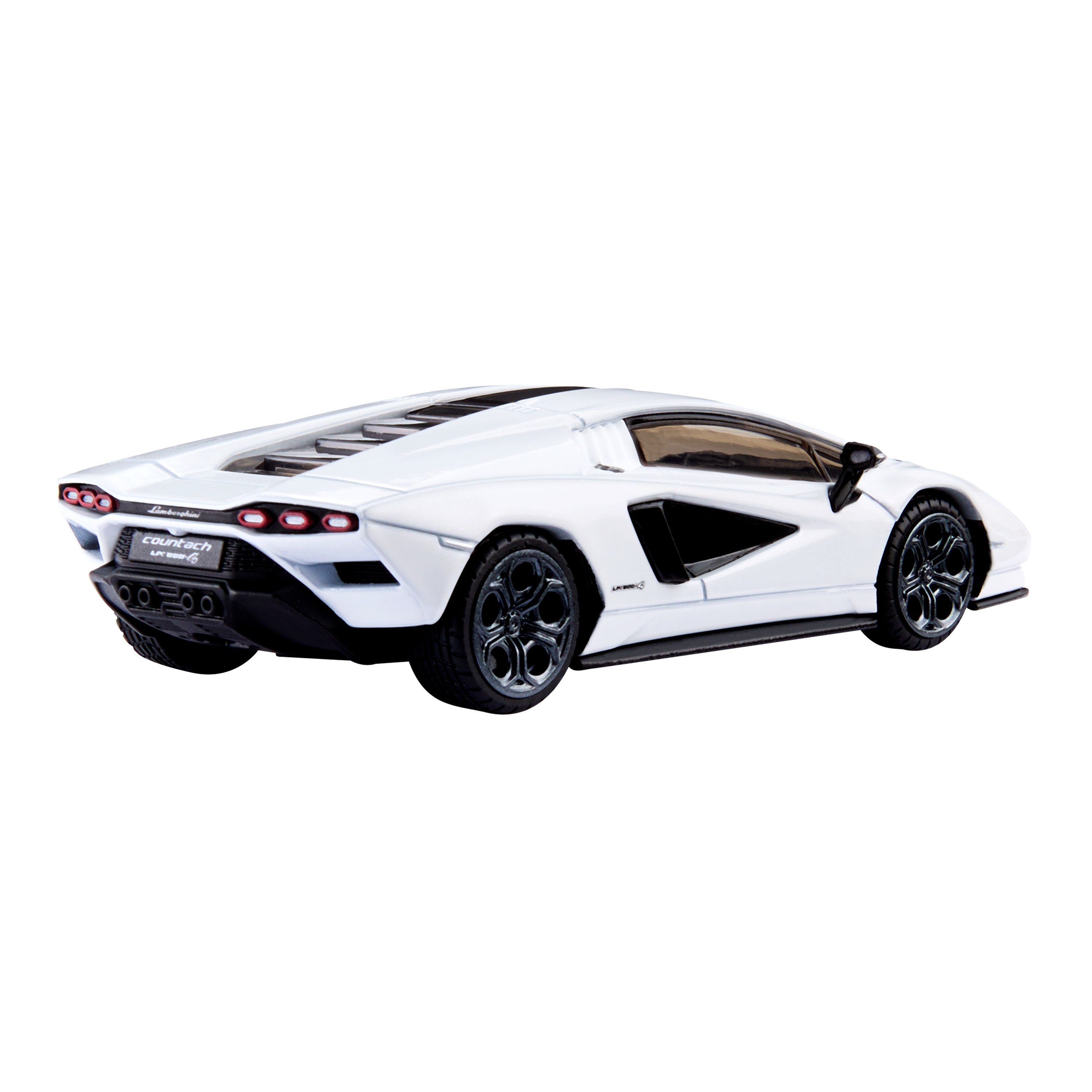 Ein weißes Lamborghini Countach-Automodell wird von der Rückseite gezeigt, isoliert auf Weiß.