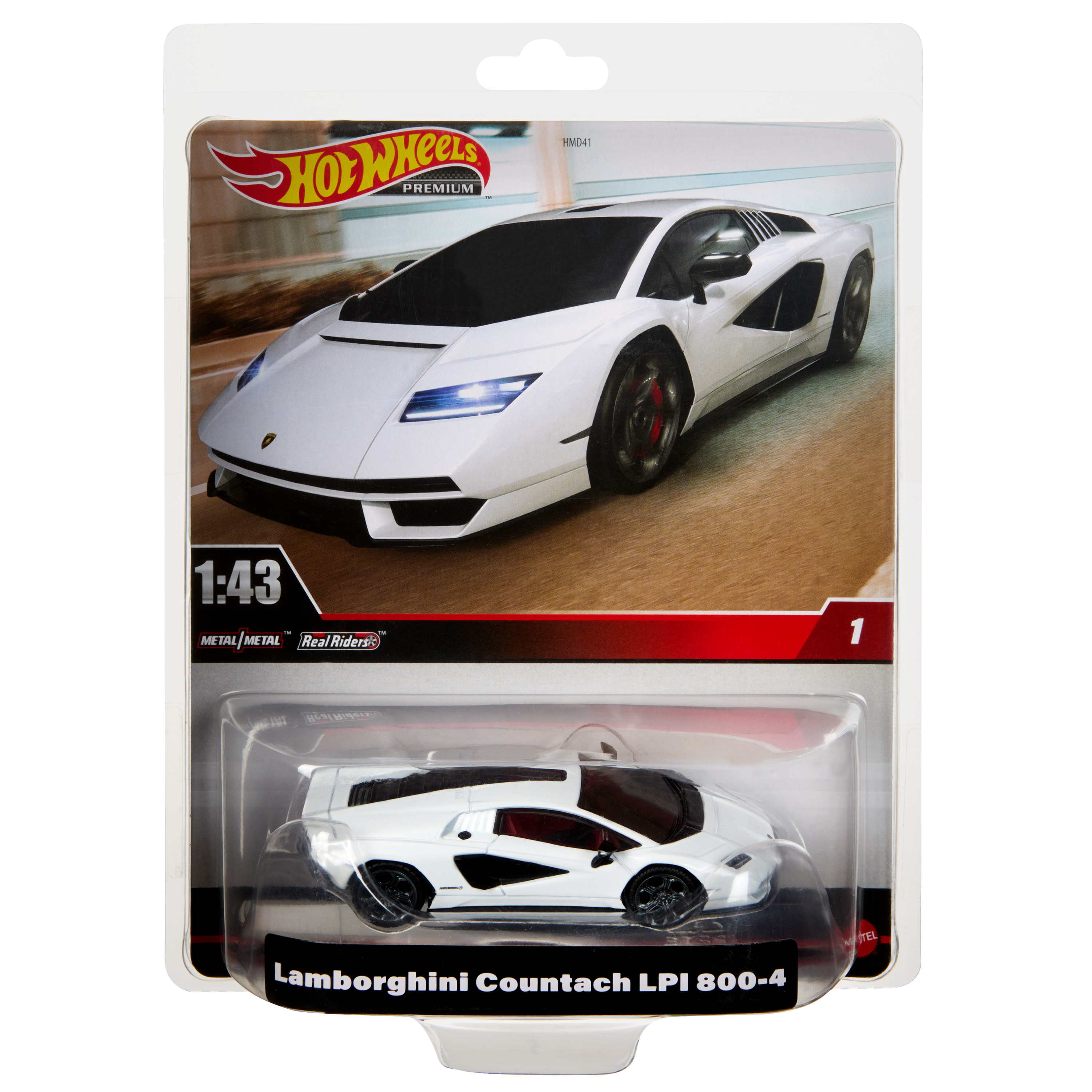 Ein weißes Lamborghini Countach Spielzeugauto in einer Plastikverpackung mit einem Bild des Autos oben drauf.