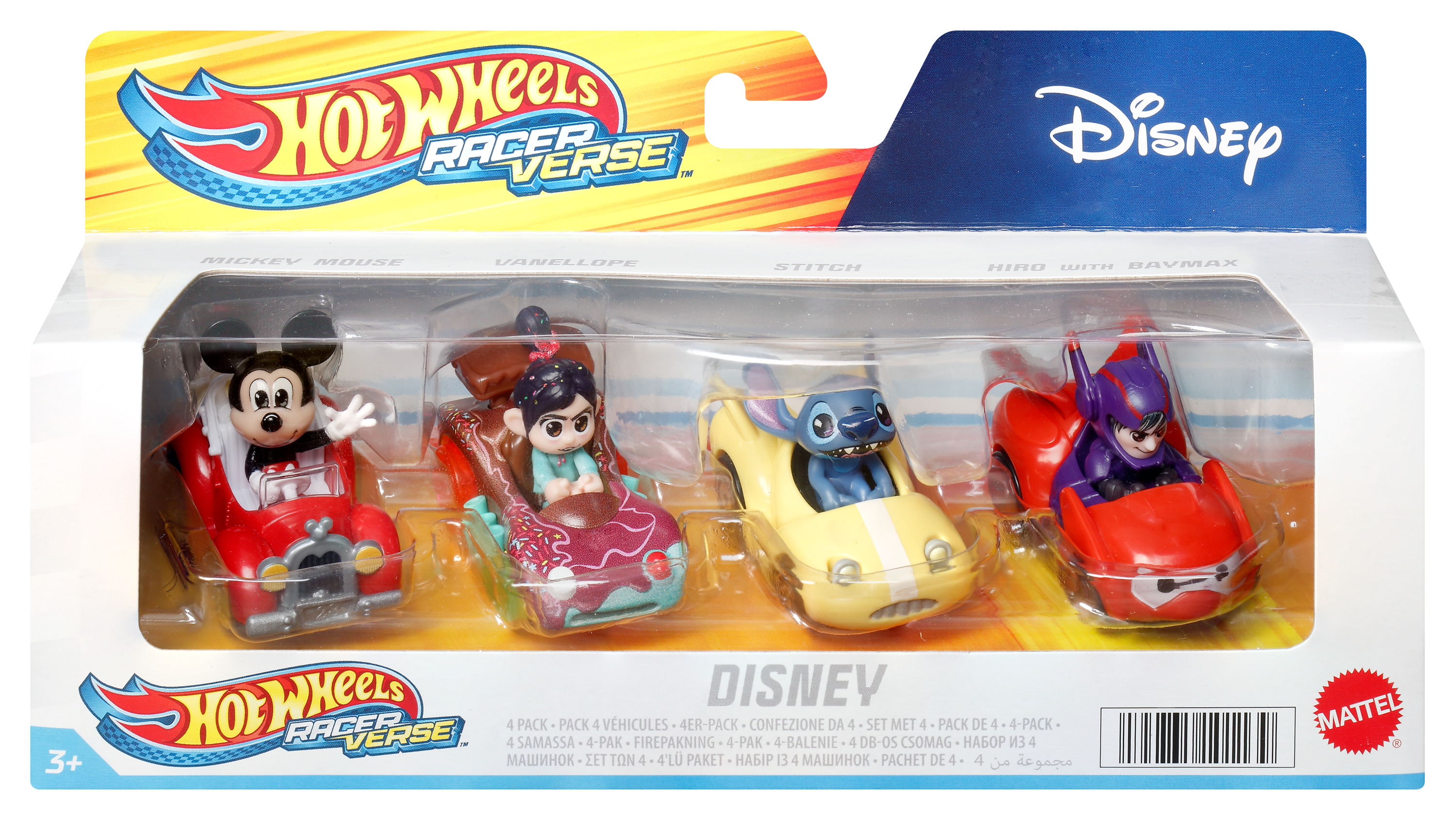 Zestaw samochodów Hot Wheels Racer Verse Disney. Myszka Miki, Vanellope, Stitch i Hiro z Baymaxem w samochodach.