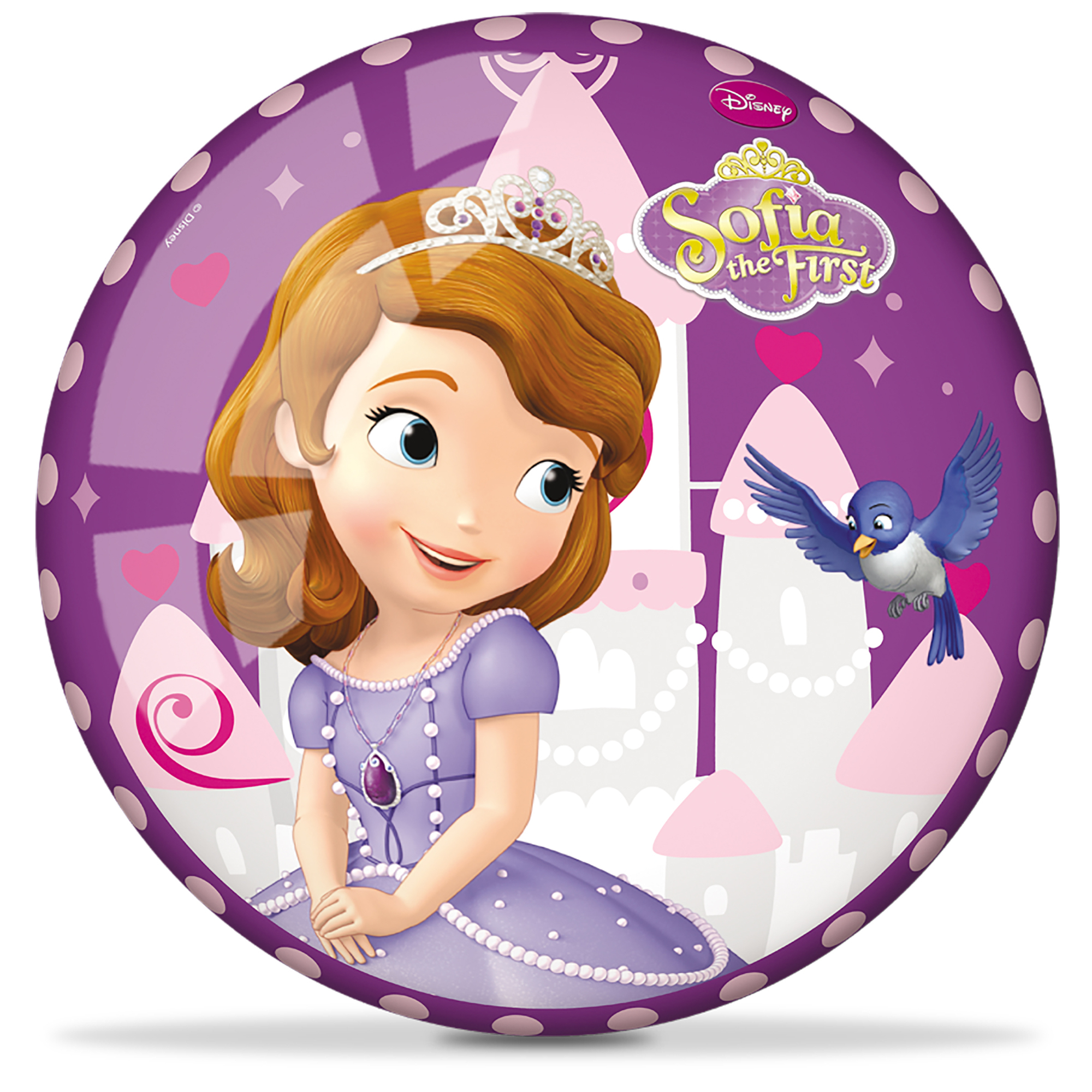 Una palla rotonda con Sofia the First sopra. Lo sfondo mostra un castello e altri personaggi.