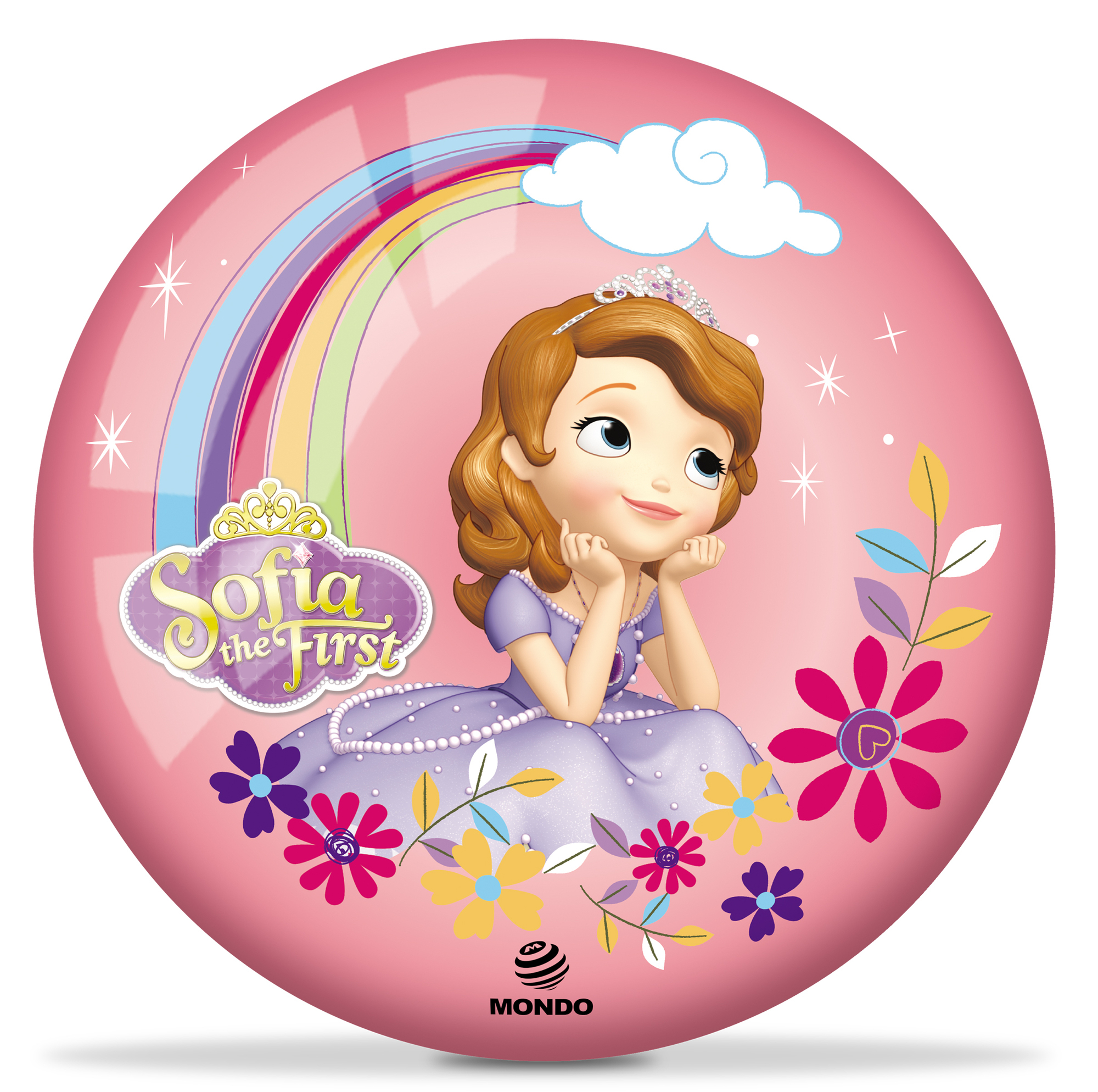 Palloncino rosa rotondo con grafica di Sofia the First, un arcobaleno, fiori e nuvole.