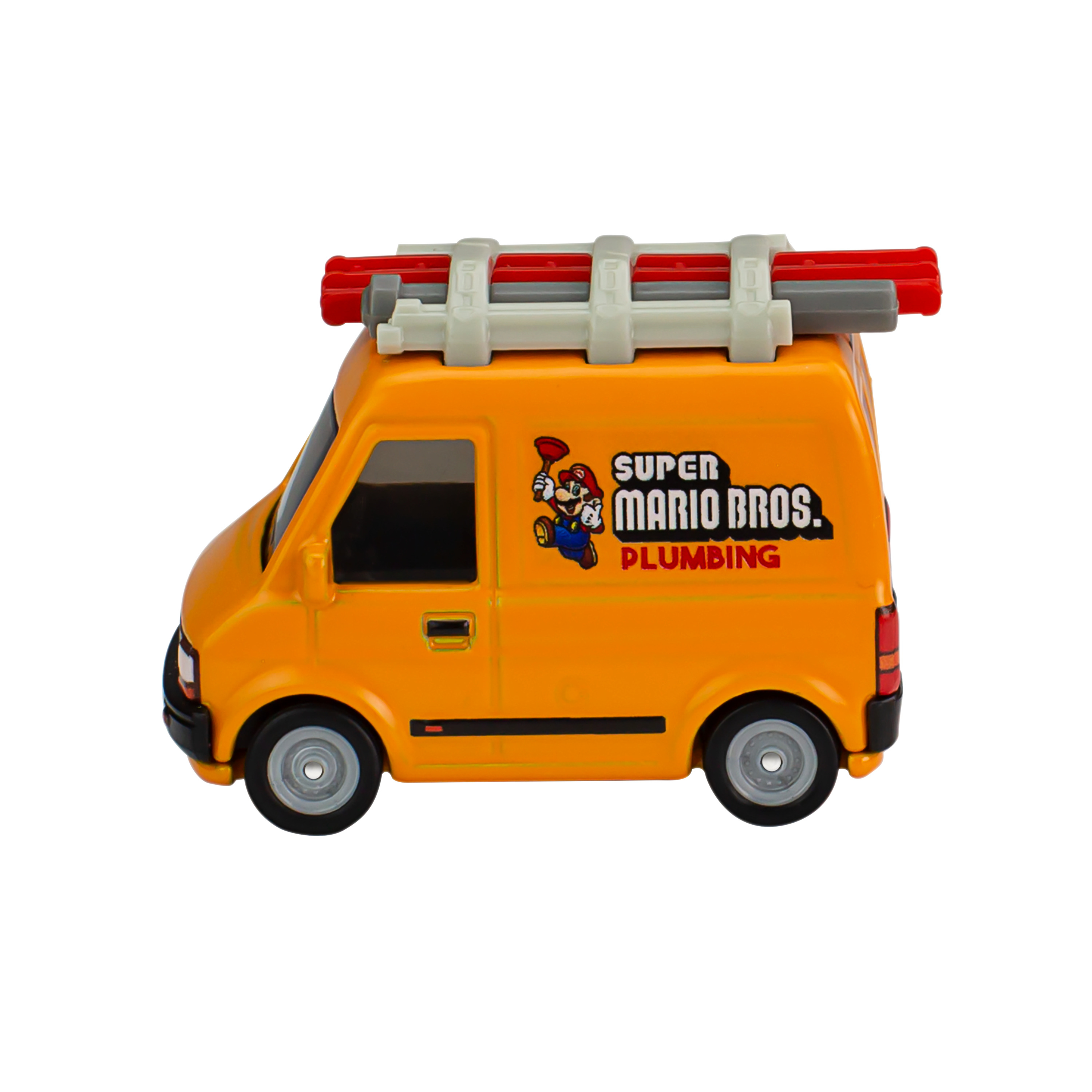 Żółty Super Mario Bros. Plumbing van, czerwone i szare rury na górze.