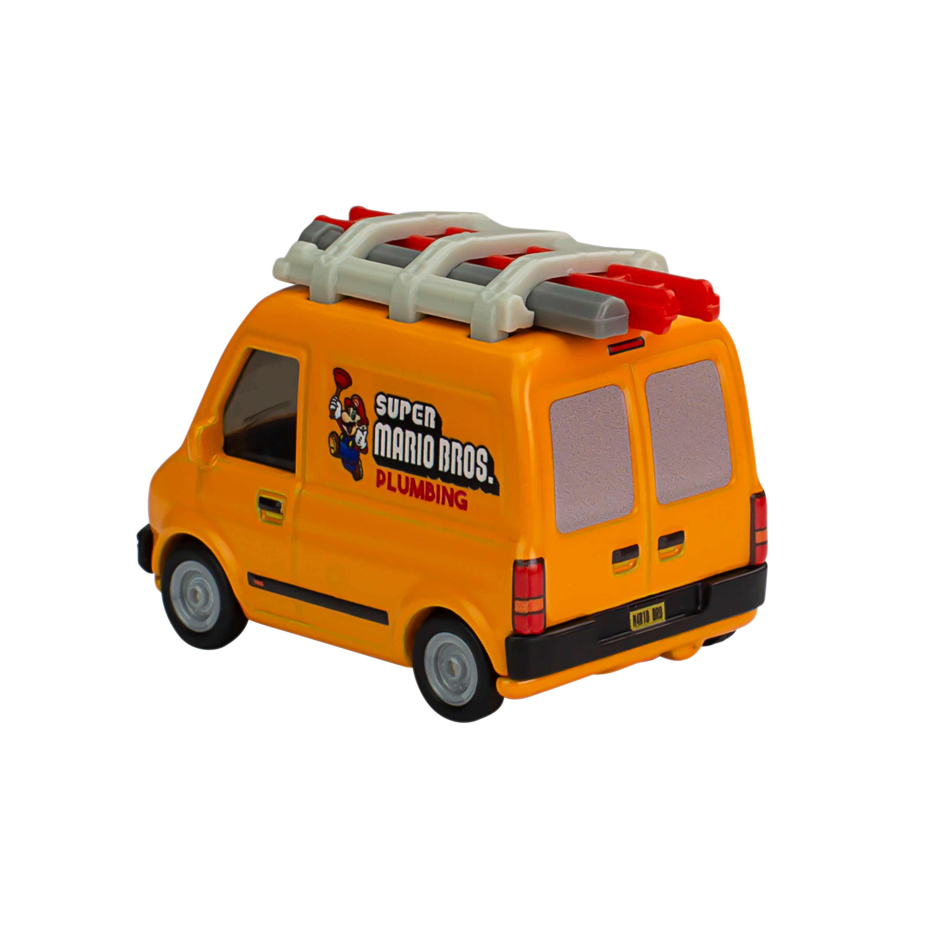 Zabawka furgonetka z logo Super Mario Bros. Plumbing. Jest żółta, ze schodami na górze i białym tłem.