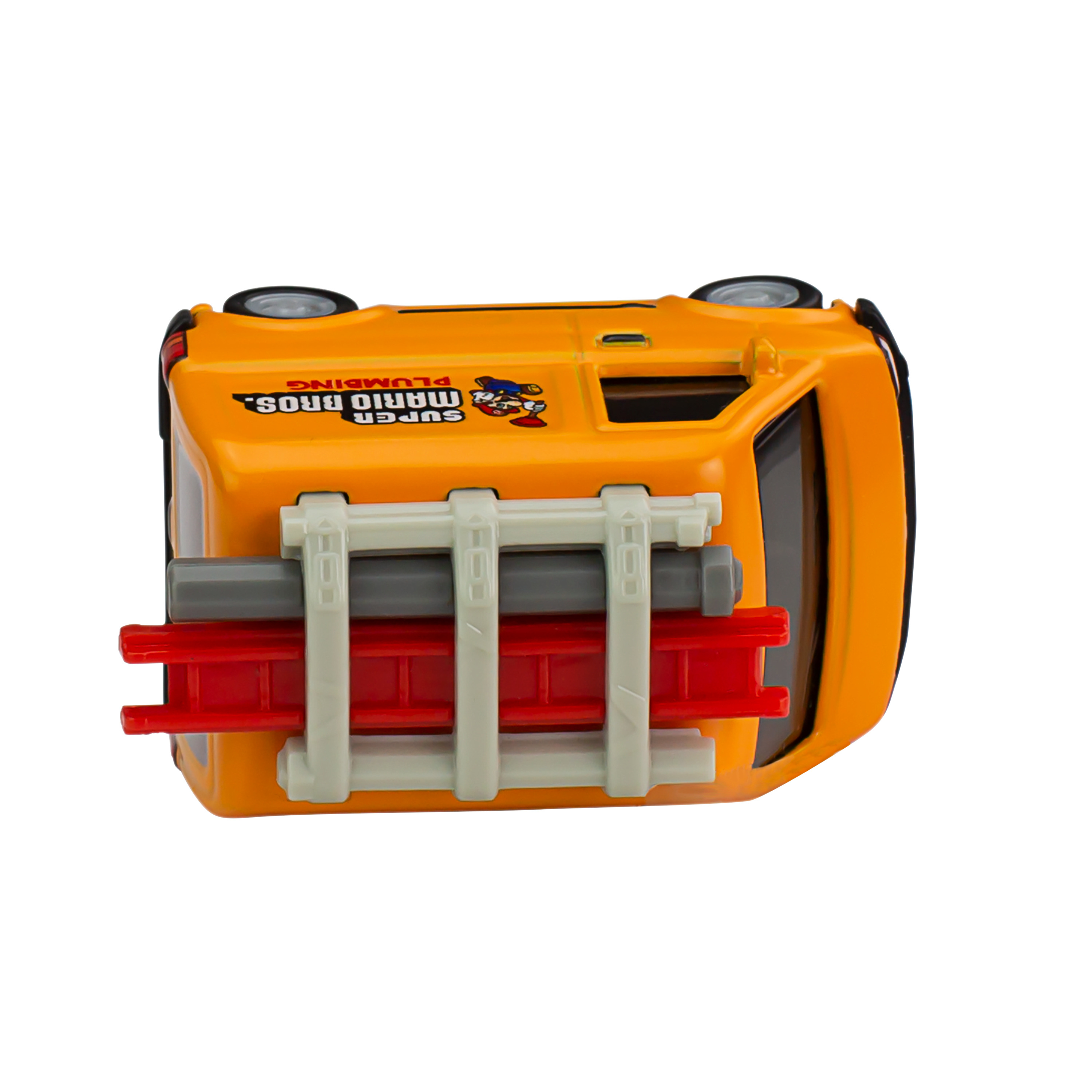 Żółty Super Mario Bros. Plumbing van, czerwone i szare rury na górze.