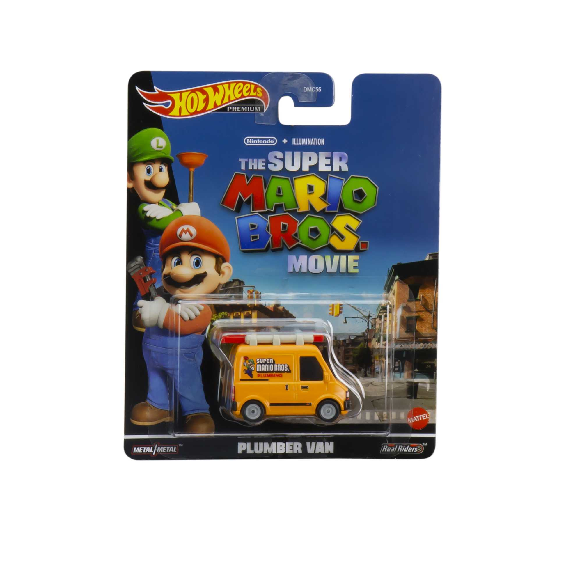 Zabawka Hot Wheels z Super Mario Bros. Plumber Van. Opakowanie przedstawia Mario i Luigiego.