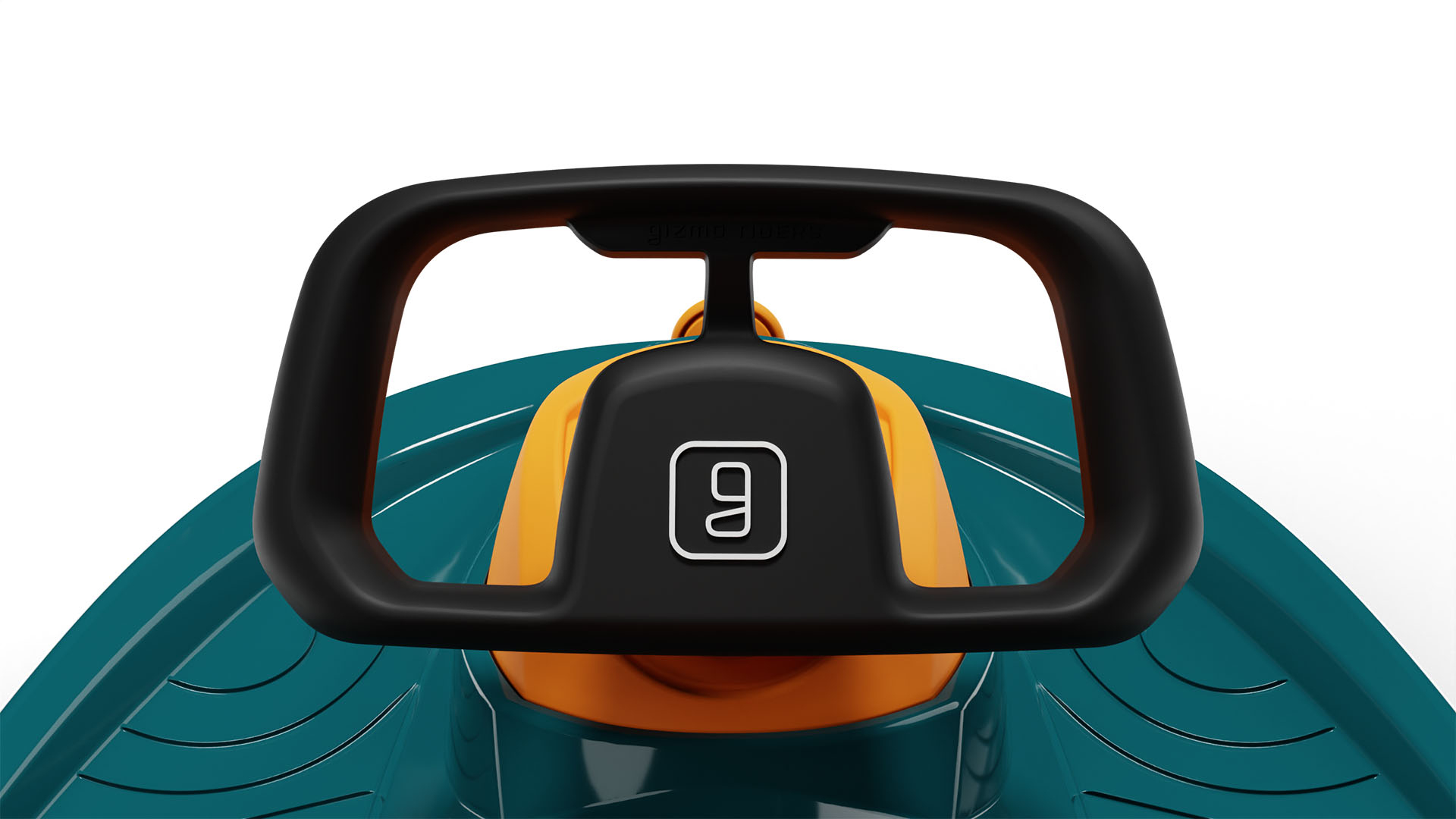 Primo piano della maniglia di uno slittino teal e arancione, che mostra un logo '9'.