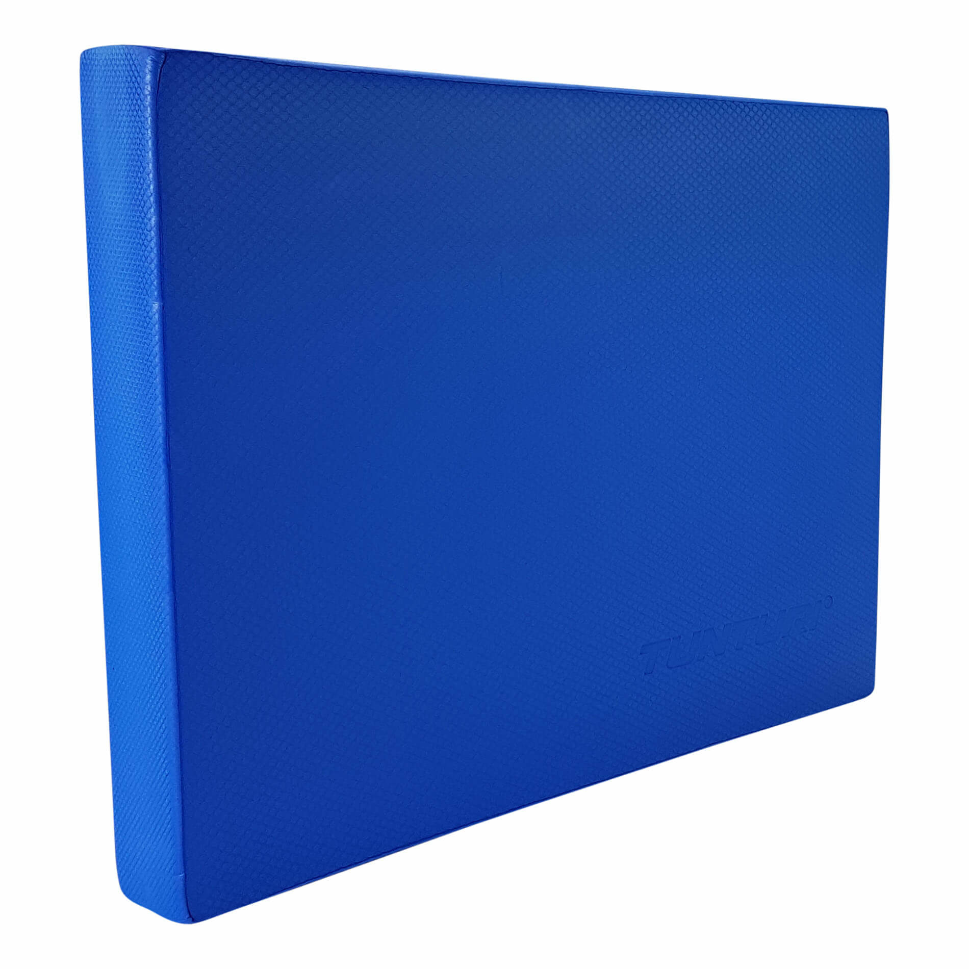 Tappetino da ginnastica blu, rettangolare. Lo sfondo è bianco.