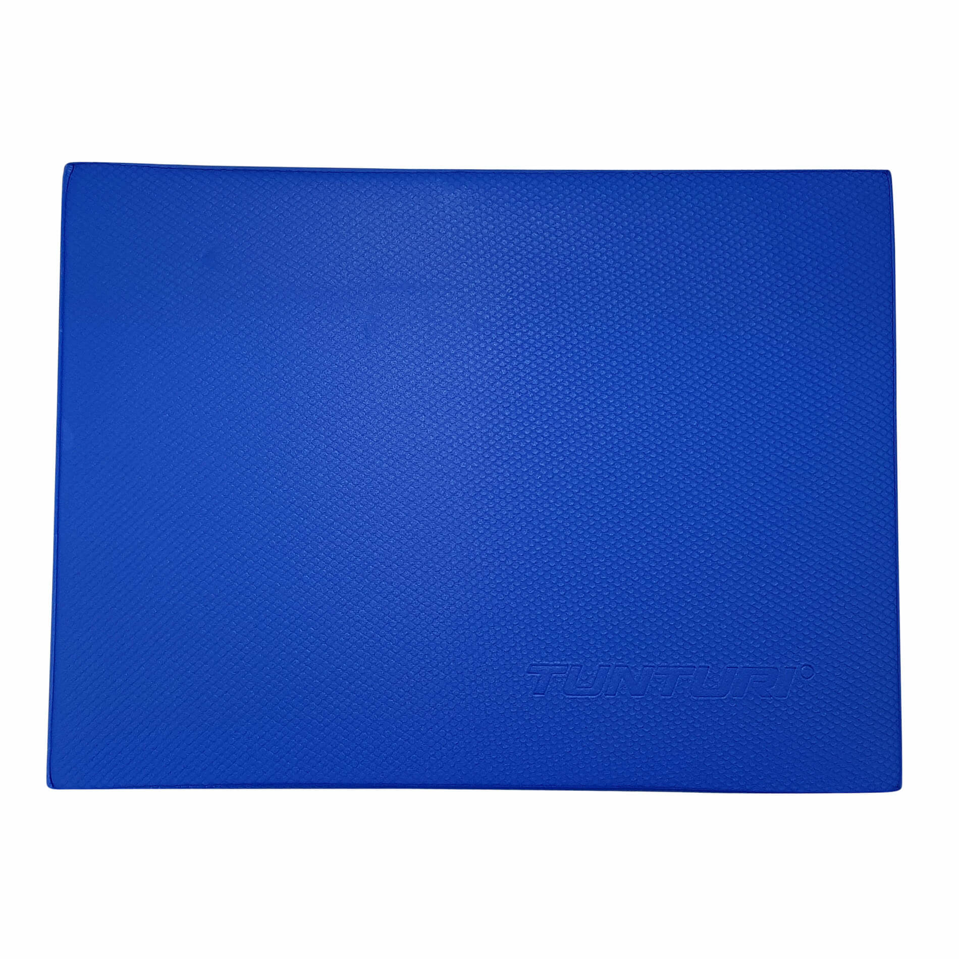 Un tappetino da esercizi rettangolare blu con il logo Tunturi nell'angolo in basso a destra.