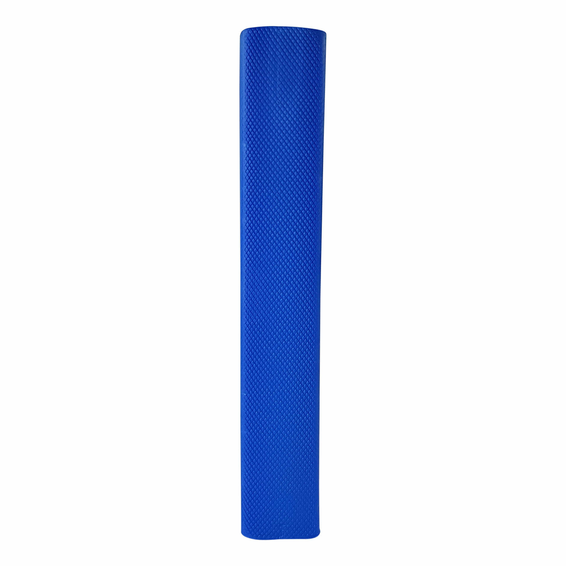 Un rullo in schiuma blu a forma di bastoncino. La superficie ha un motivo strutturato e puntinato.
