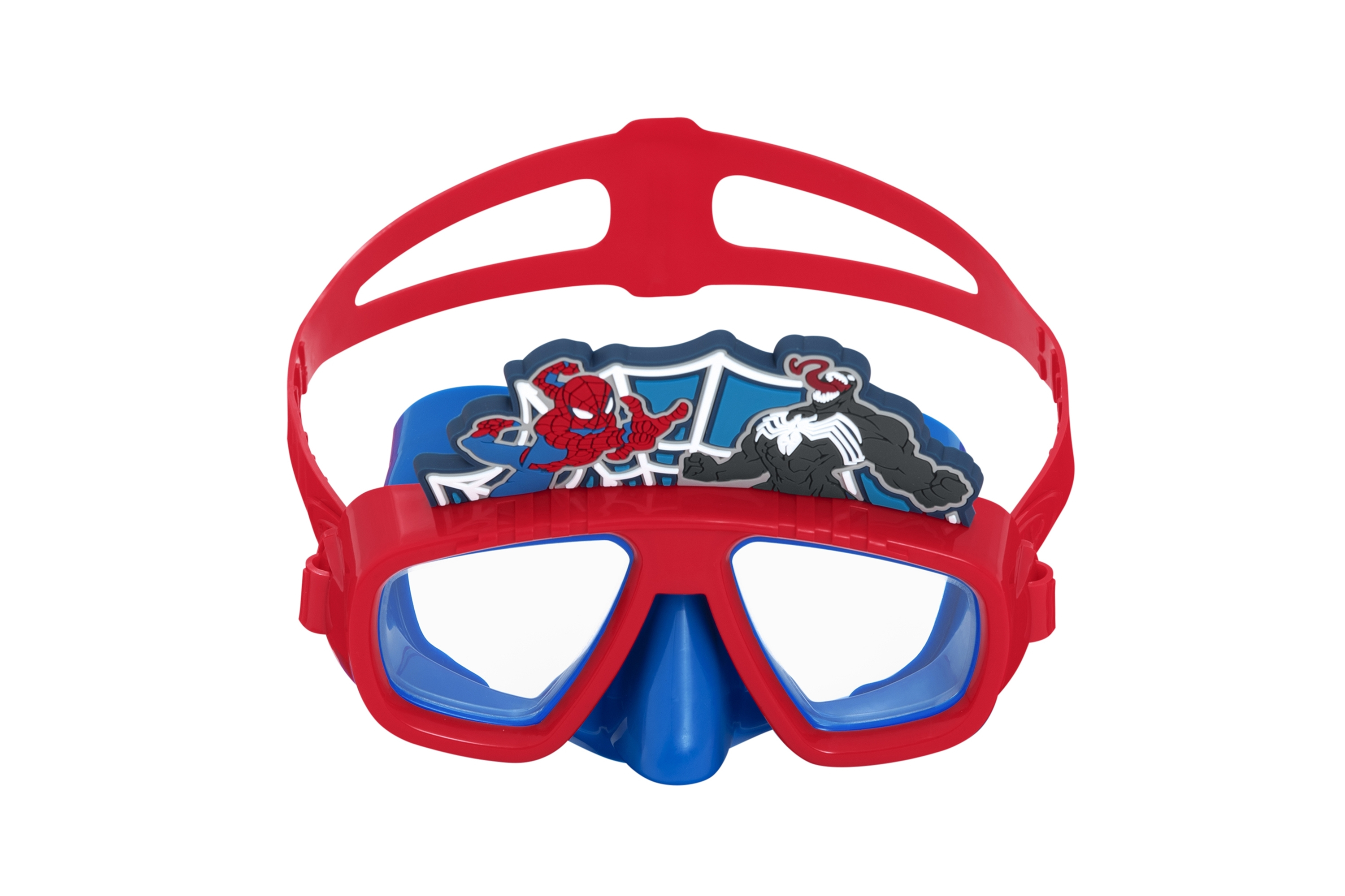Maschera da nuoto a tema Spider-Man e Venom con montatura rossa e lenti blu, su sfondo bianco.