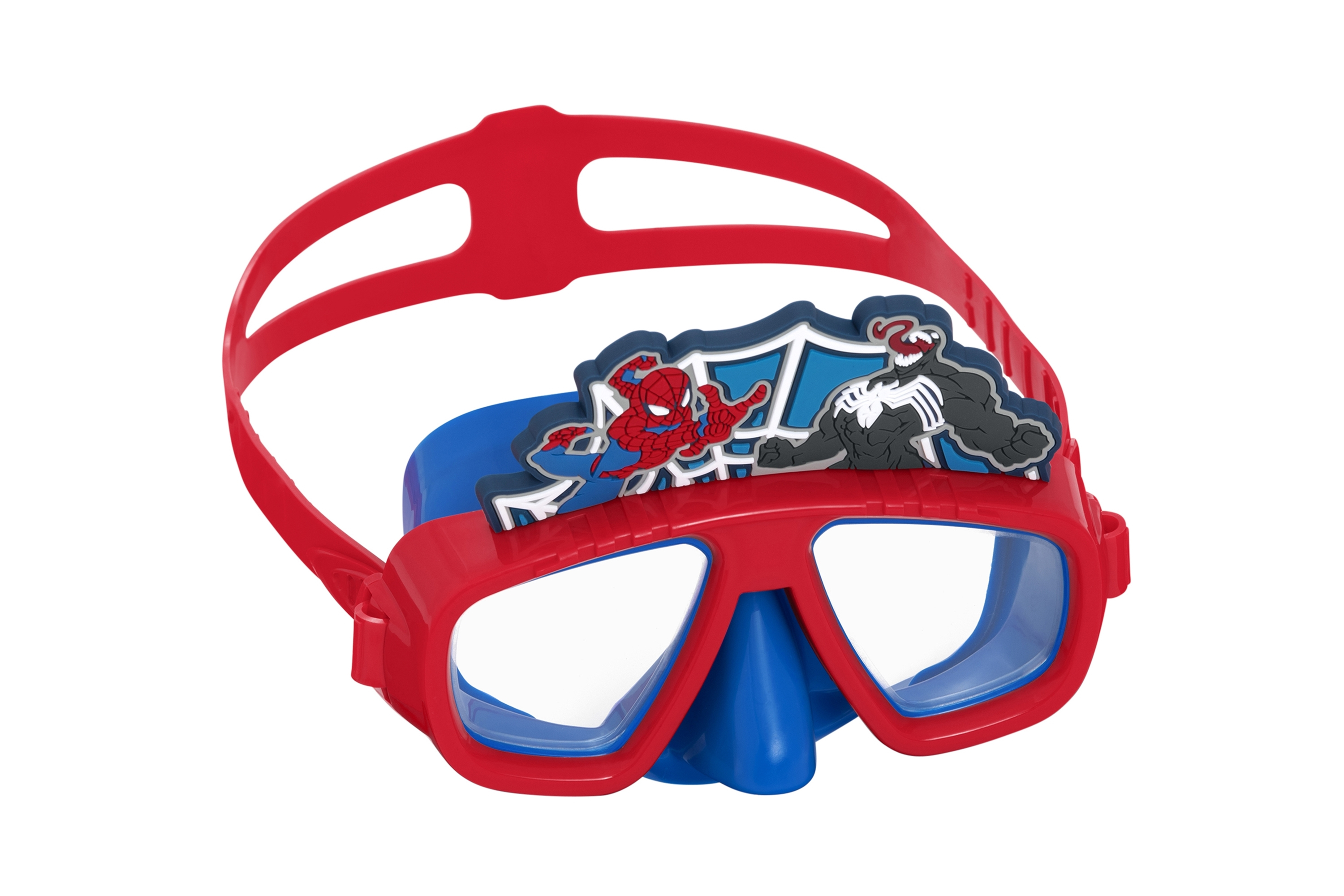 Occhialini da nuoto di Spider-Man rossi e blu con dettagli dei personaggi.