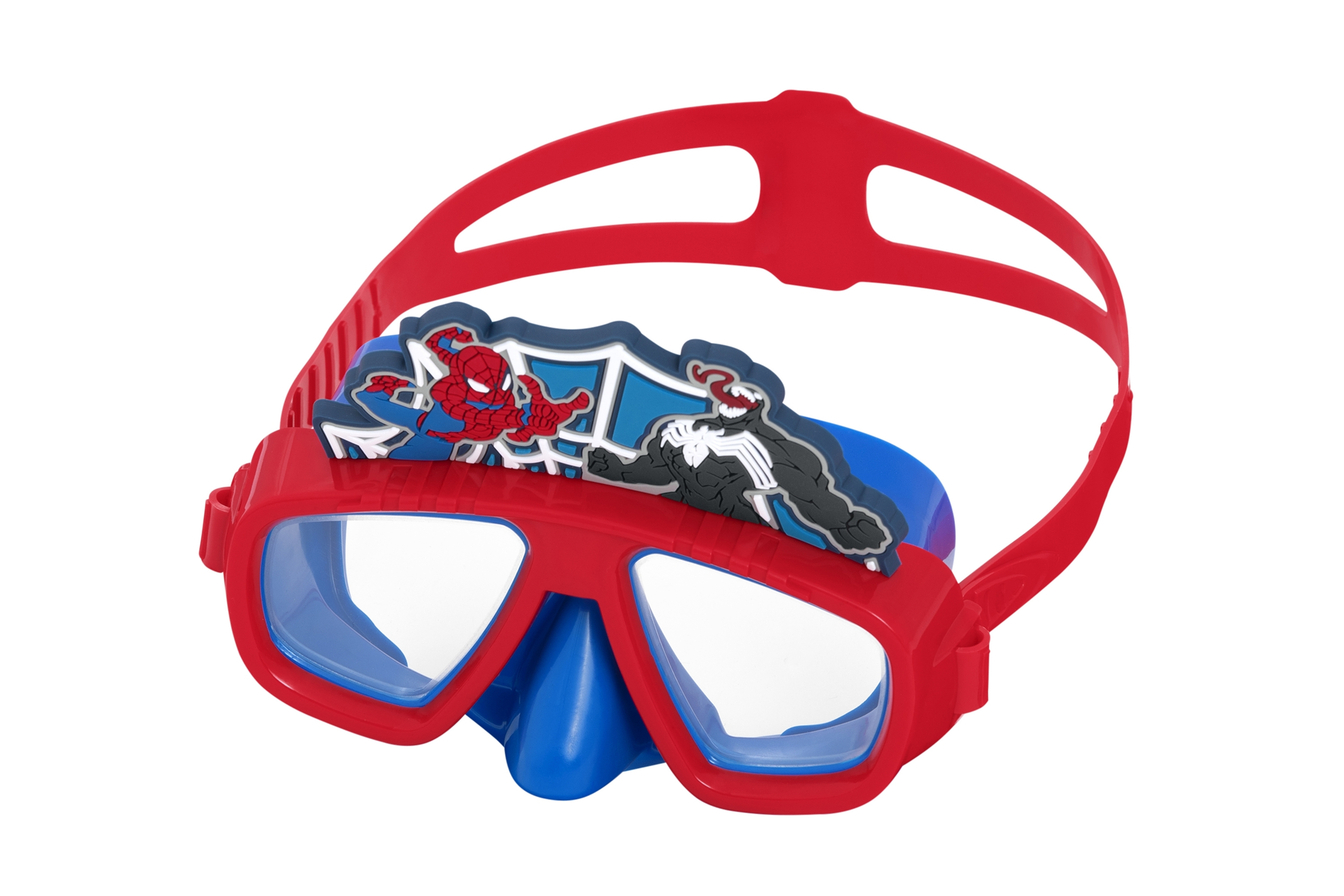 Occhialini di Spiderman rossi e blu con personaggi di Spiderman e Venom sul cinturino.