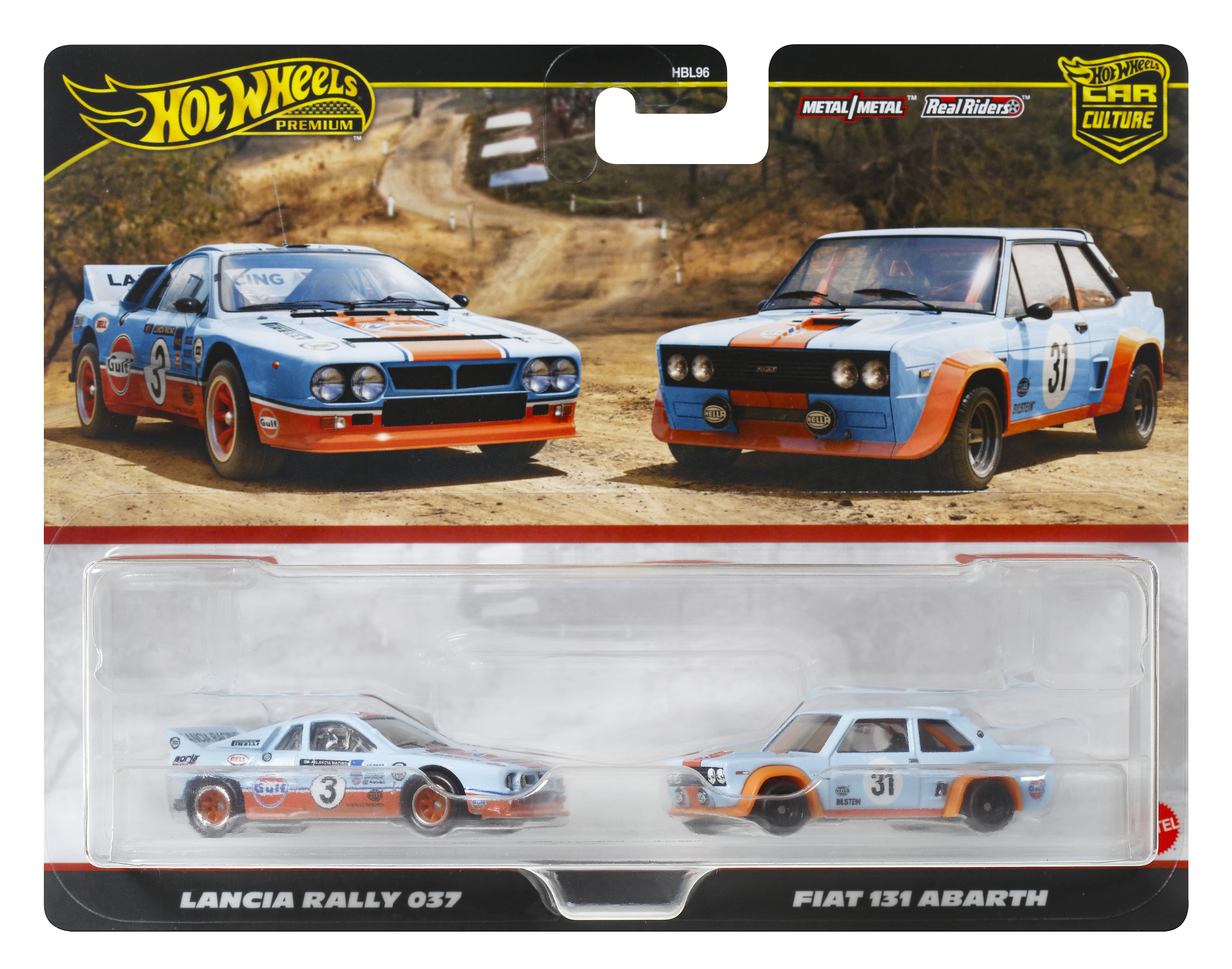 Eine Hot Wheels-Verpackung mit zwei Modellautos: blaue und weiße Rallyeautos mit Rennaufklebern.