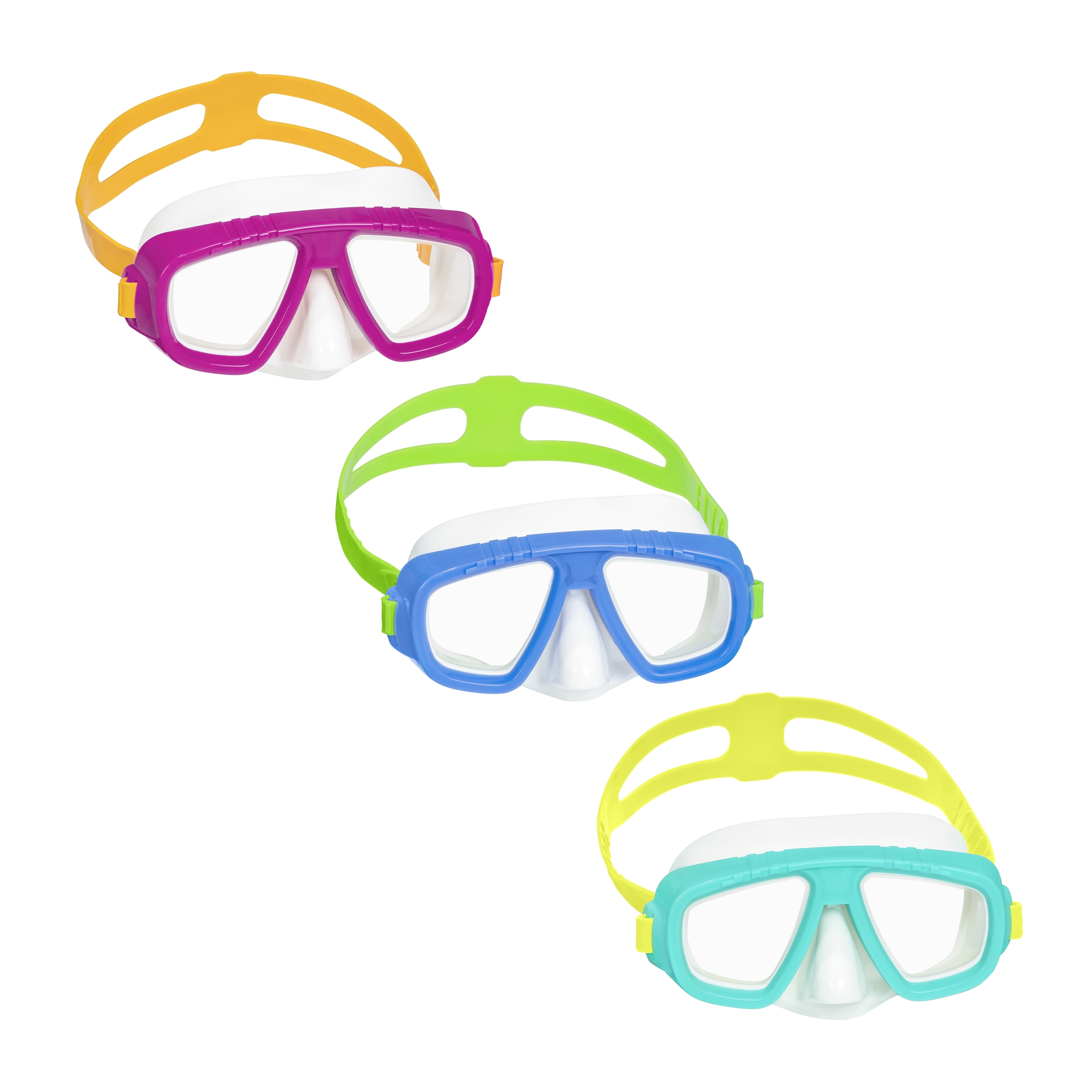 Tre maschere da nuoto con montature colorate e lenti bianche su bianco.