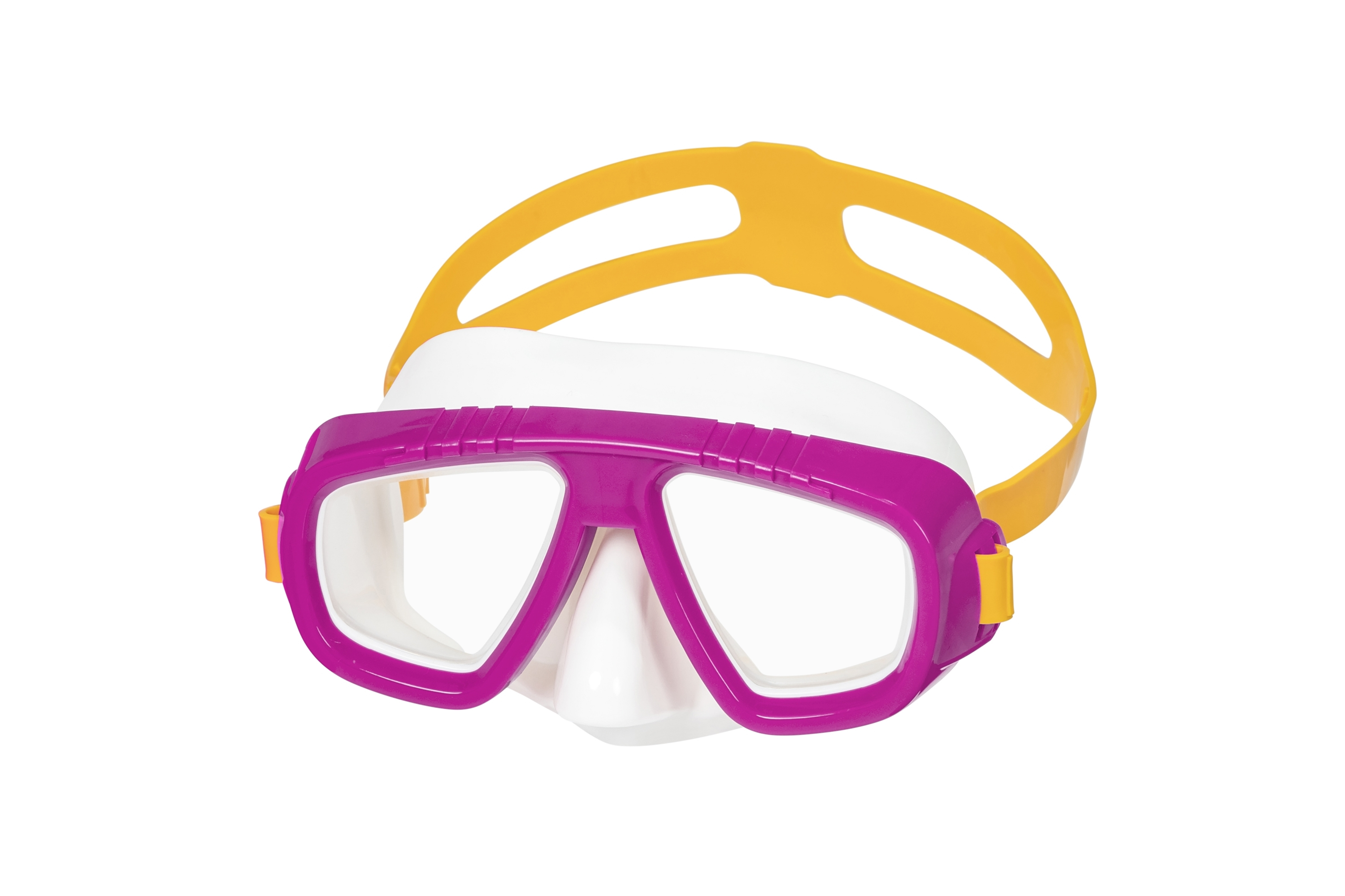 Una maschera subacquea con montatura rosa e cinturino giallo. Le lenti sono trasparenti.