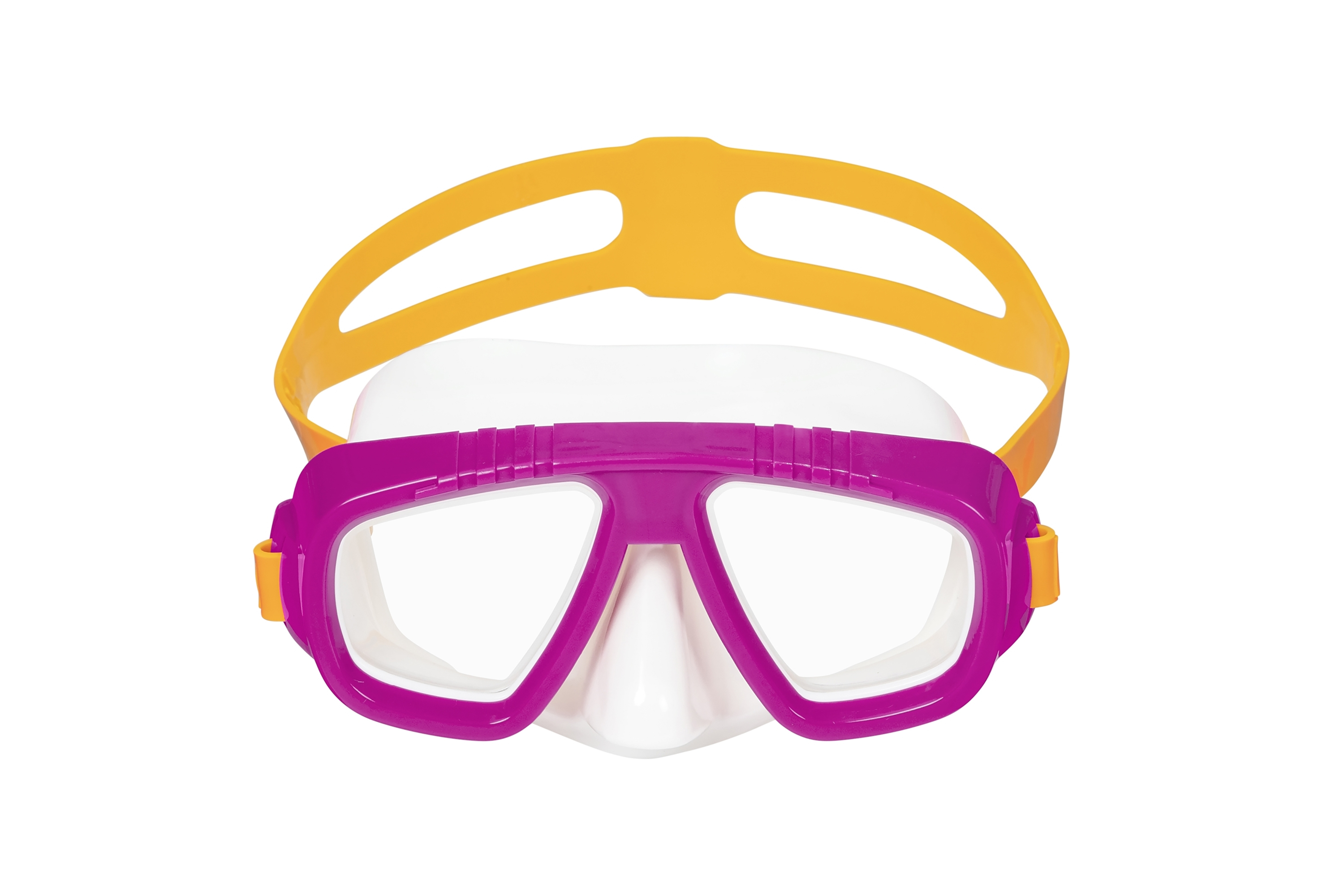 Maschera subacquea viola e bianca con cinturino giallo, vista frontale.