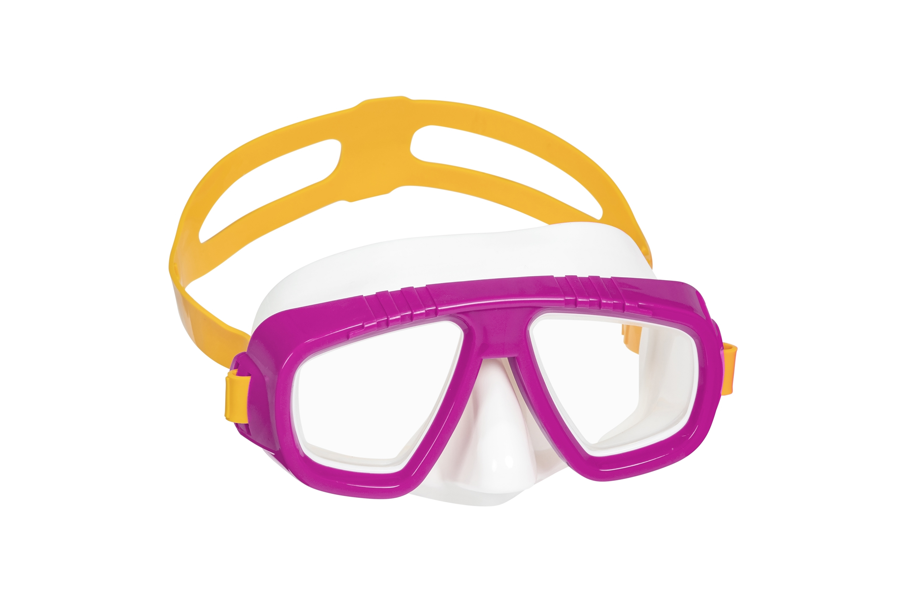 Maschera subacquea viola e bianca con cinturino giallo, vista frontale.